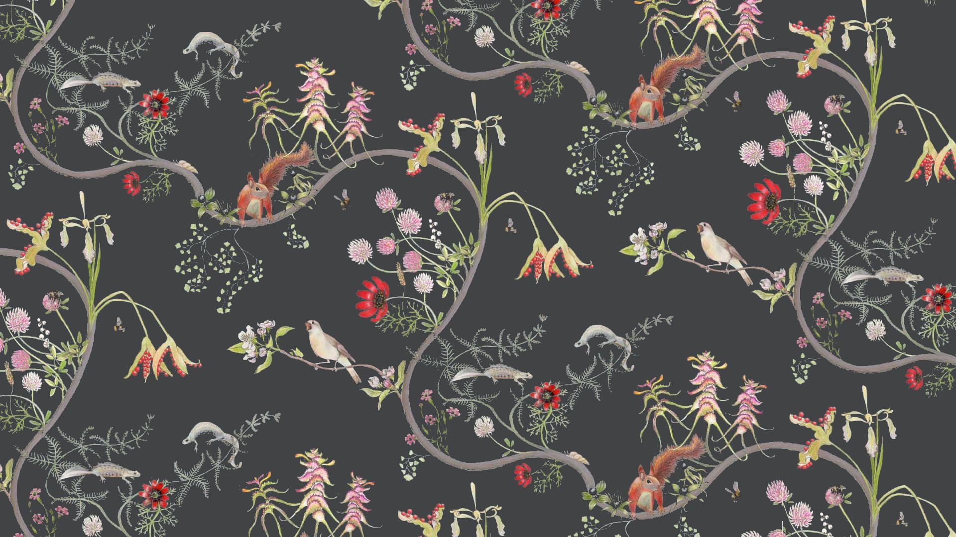 English Mercia Vines Slate Botanical Birds and Bees Wallpaper For Sale