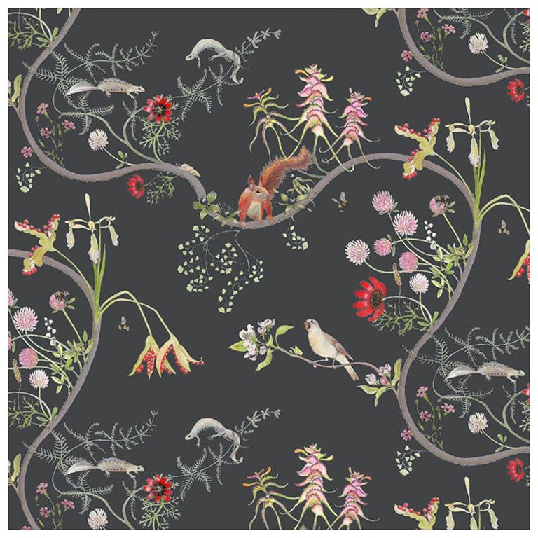 Mercia Vines Slate Botanical Birds and Bees Wallpaper For Sale