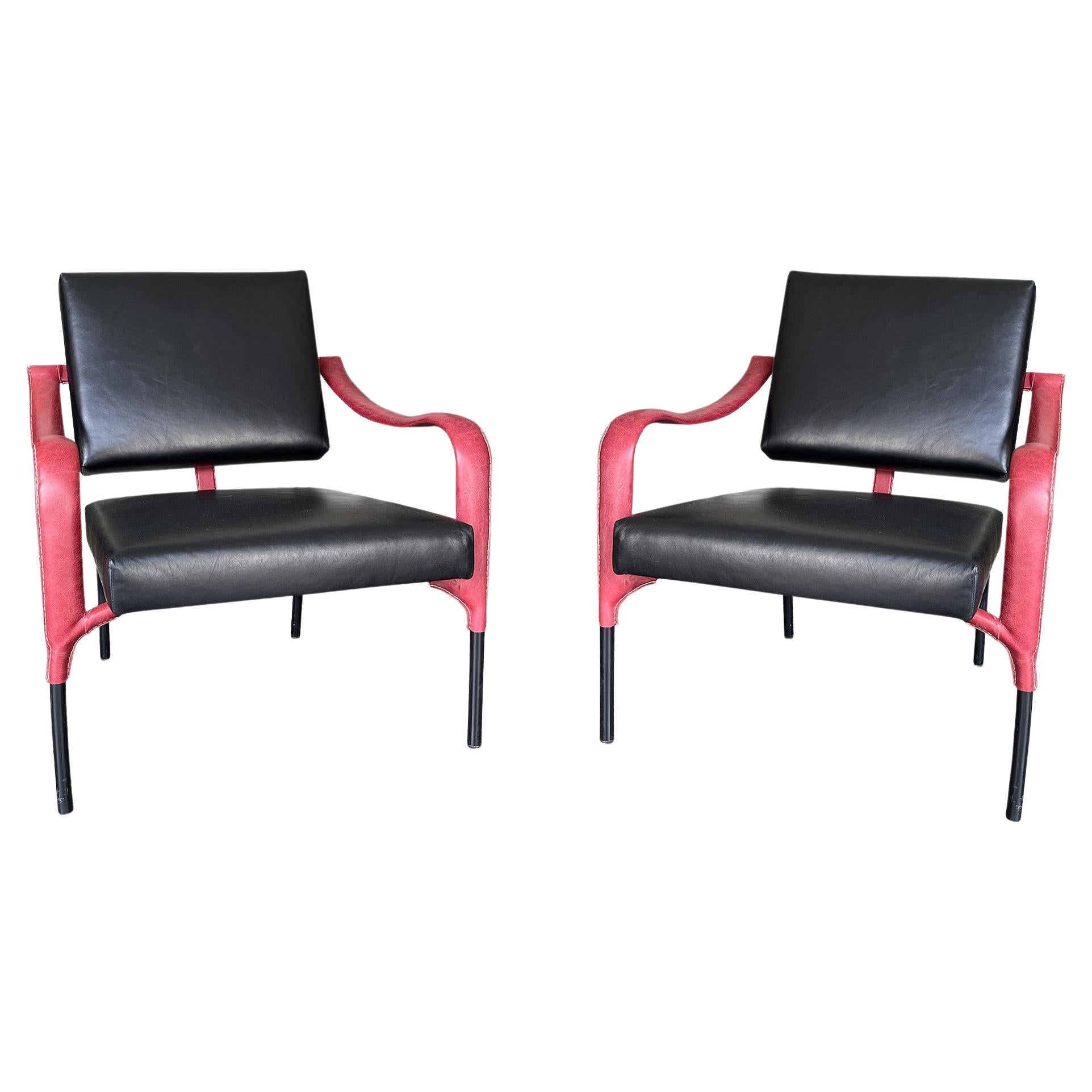 Jacques Adnet & Mercier Frères, pair of black and red leather chairs, France