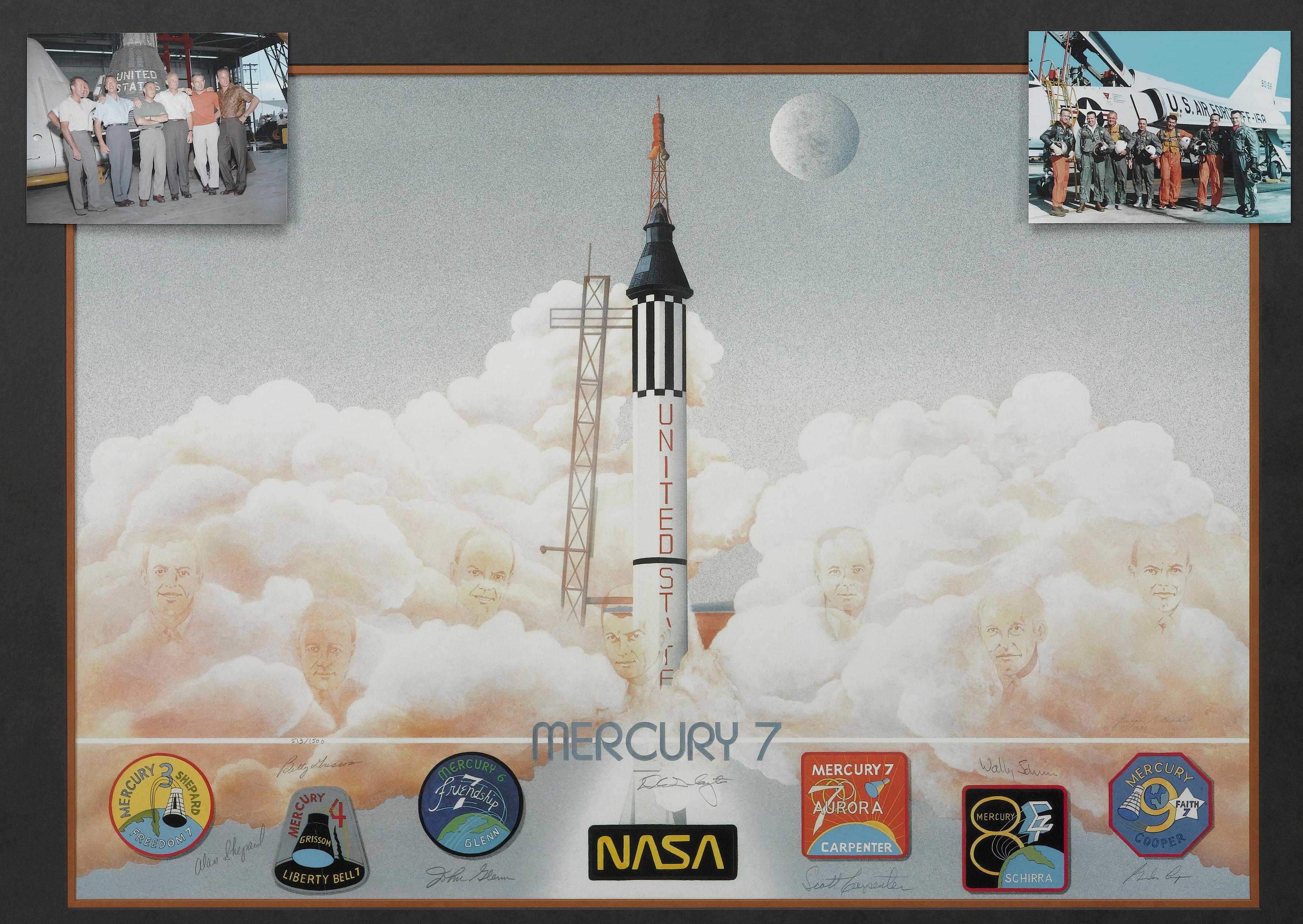 This iconic Mercury Seven color lithograph, by artist George Bishop, is a signed limited edition collector's piece celebrating America's seven first space pioneers; the seven chosen astronauts for Project Mercury and the race to space with the
