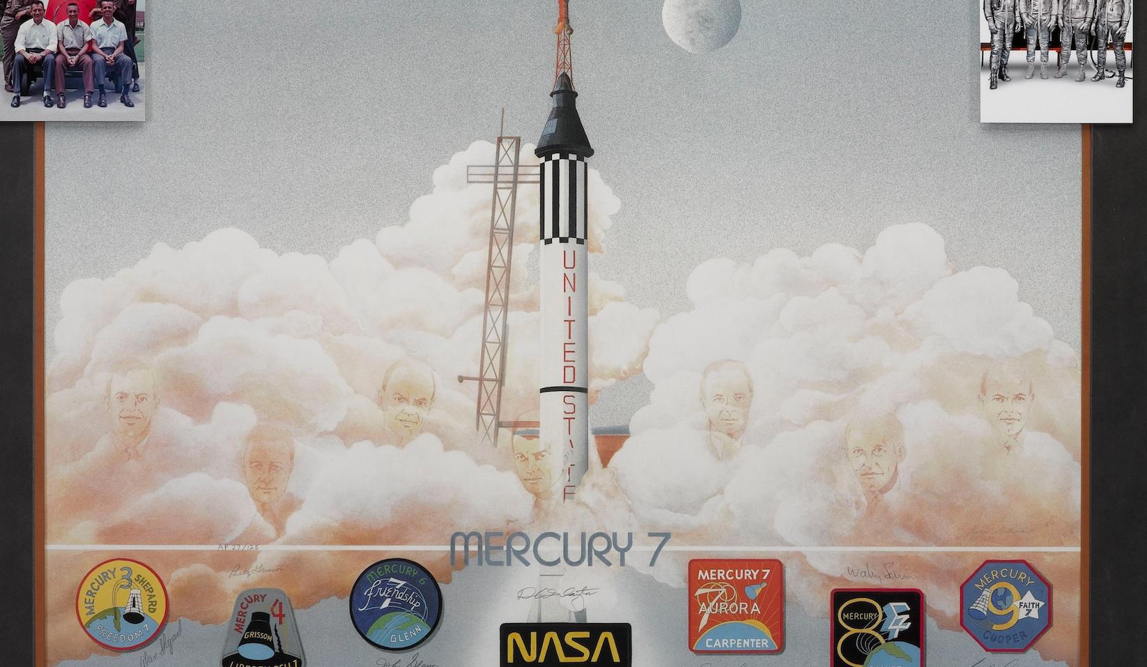 This iconic Mercury seven color lithograph, by artist George Bishop, is a signed limited edition collector's piece celebrating America's seven first space pioneers; the seven chosen astronauts for Project Mercury and the race to space with the