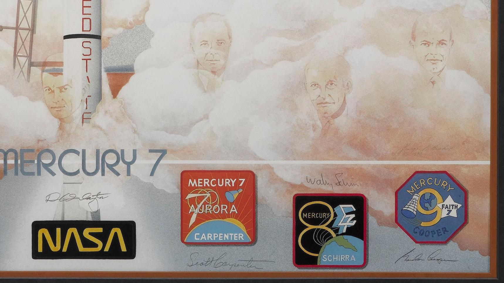 Mercury 7 Lithograph, Signed by the Astronauts, Limited Edition Printing In Good Condition In Colorado Springs, CO