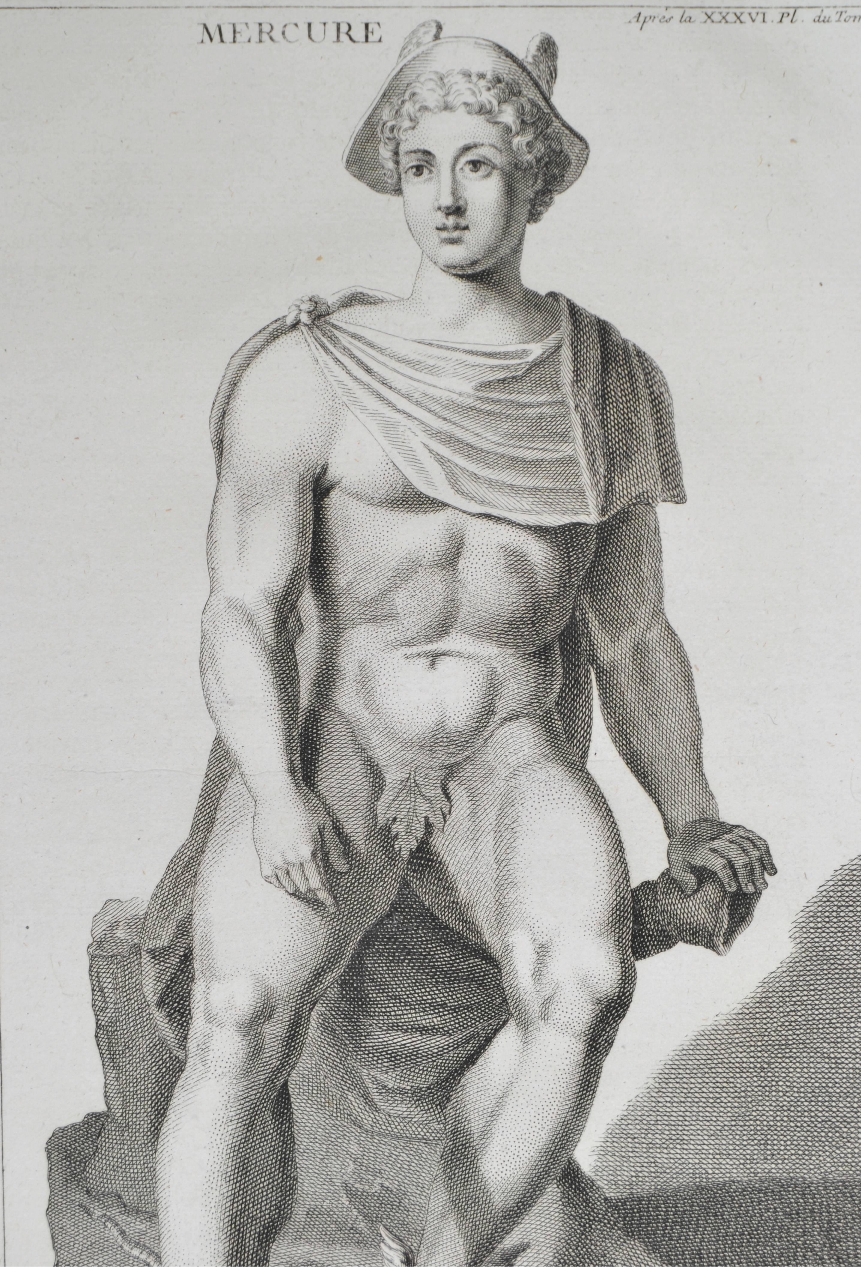 Copper engraving featuring Mercury.
From the book L'antiquite Expliquee et Representee en Figures. By the Benedisctine Monk Bernard de Montfaucon.
In mat and ready to frame.