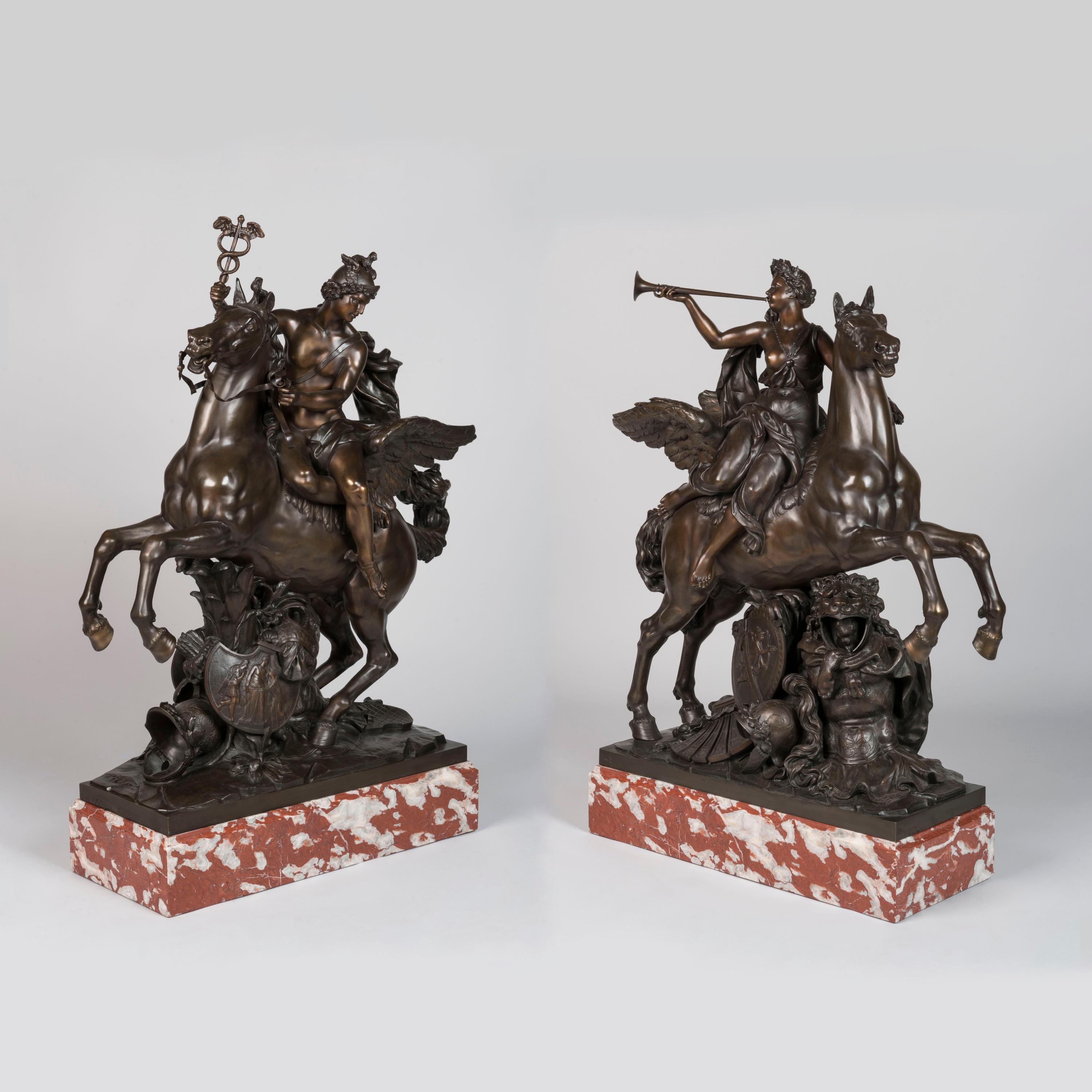 Francese Mercurio e Fama su Pegaso, bronzi patinati di Eugène Cornu, CIRCA 1880 in vendita