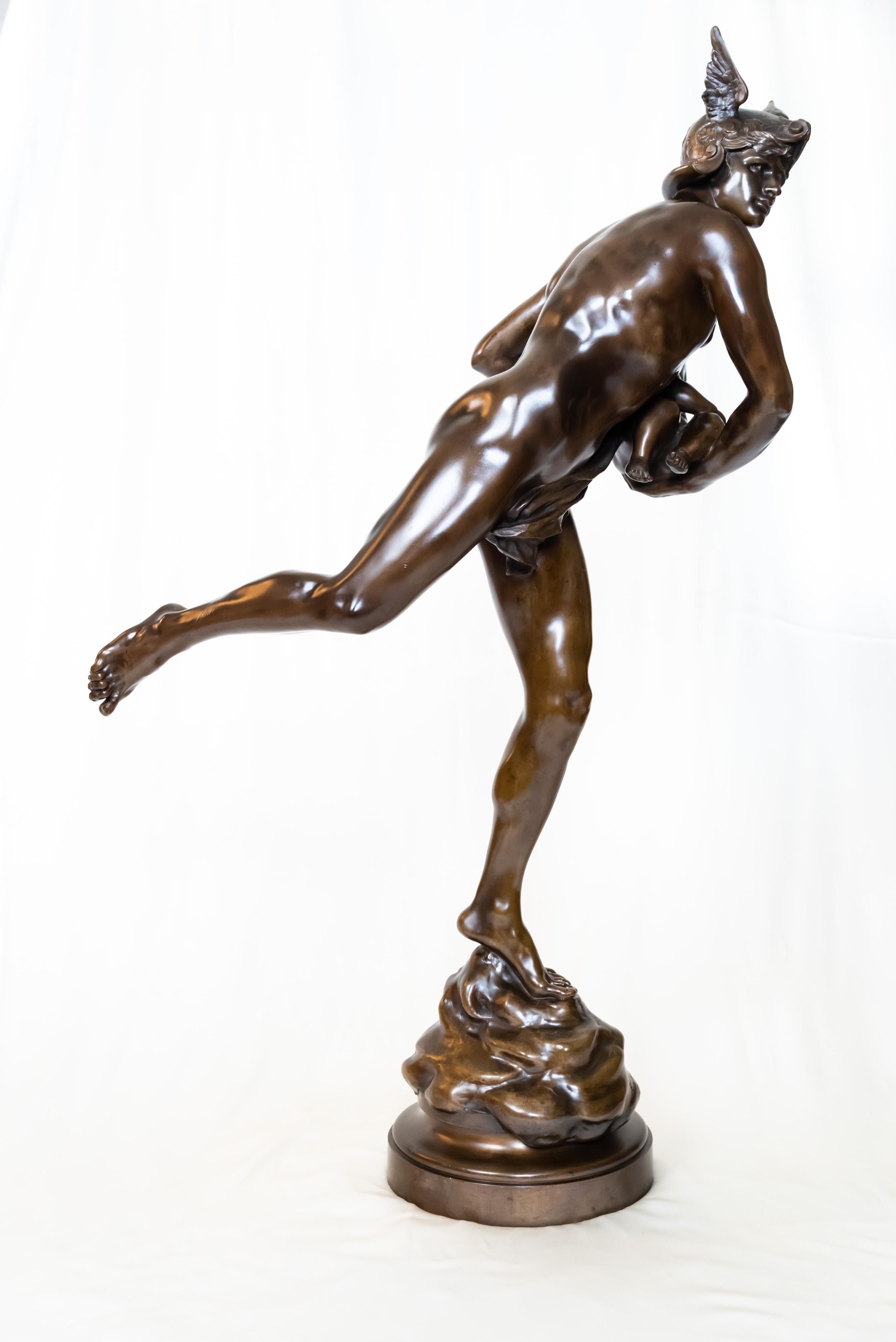 Neoclassical Mercury Carrying Cupid Bronze Sculpture by Hannaux For Sale