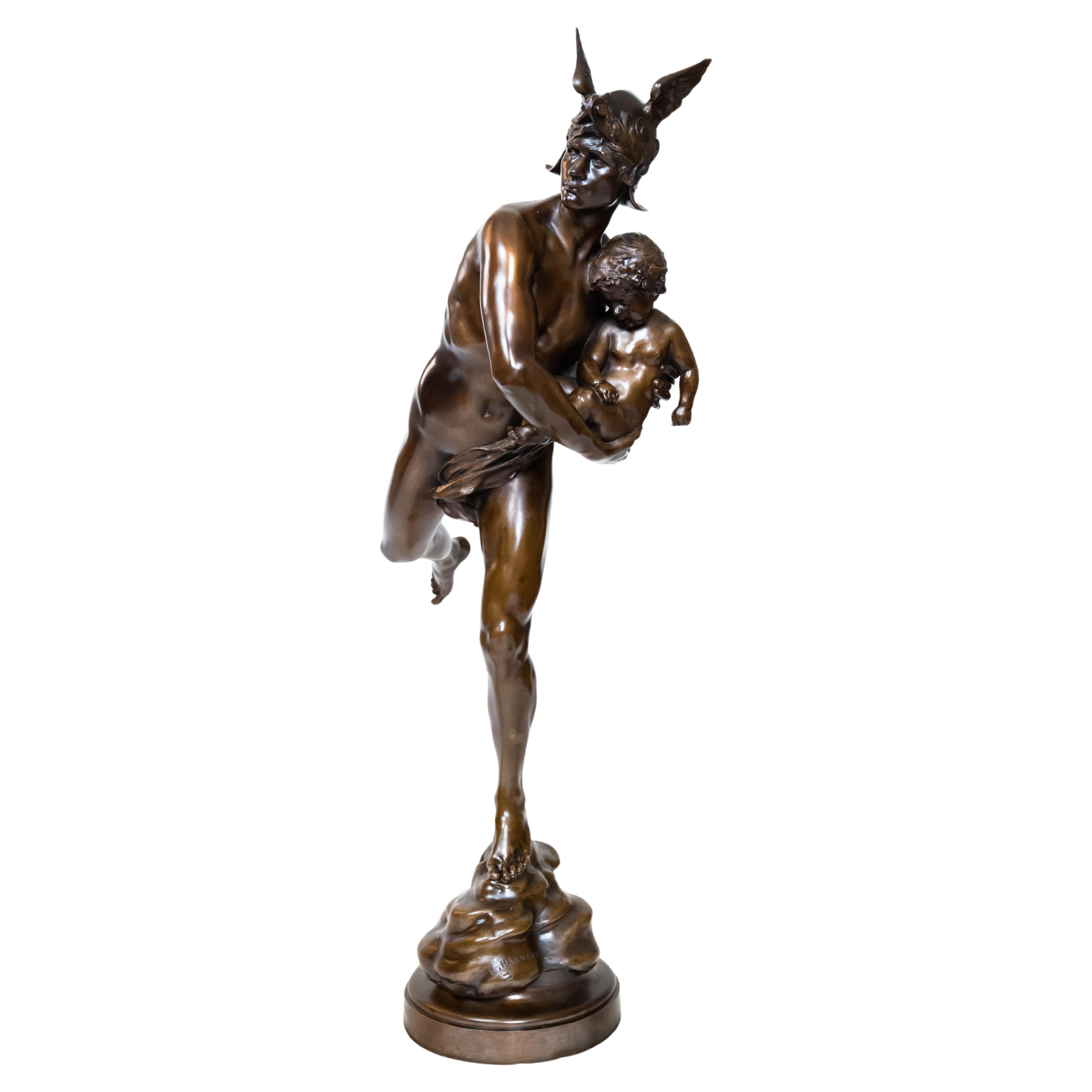 Mercury Carrying Cupid Bronze Sculpture by Hannaux For Sale