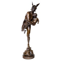 Retro Mercury Carrying Cupid Bronze Sculpture by Hannaux
