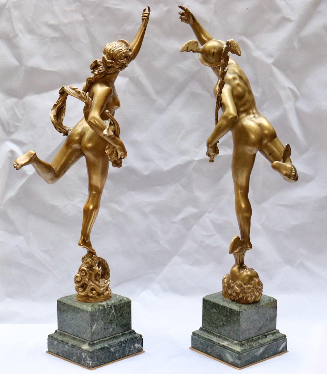 Gilt Mercury & Fortuna, A 19th Century Pair of Bronze Sculptures After Giambologna