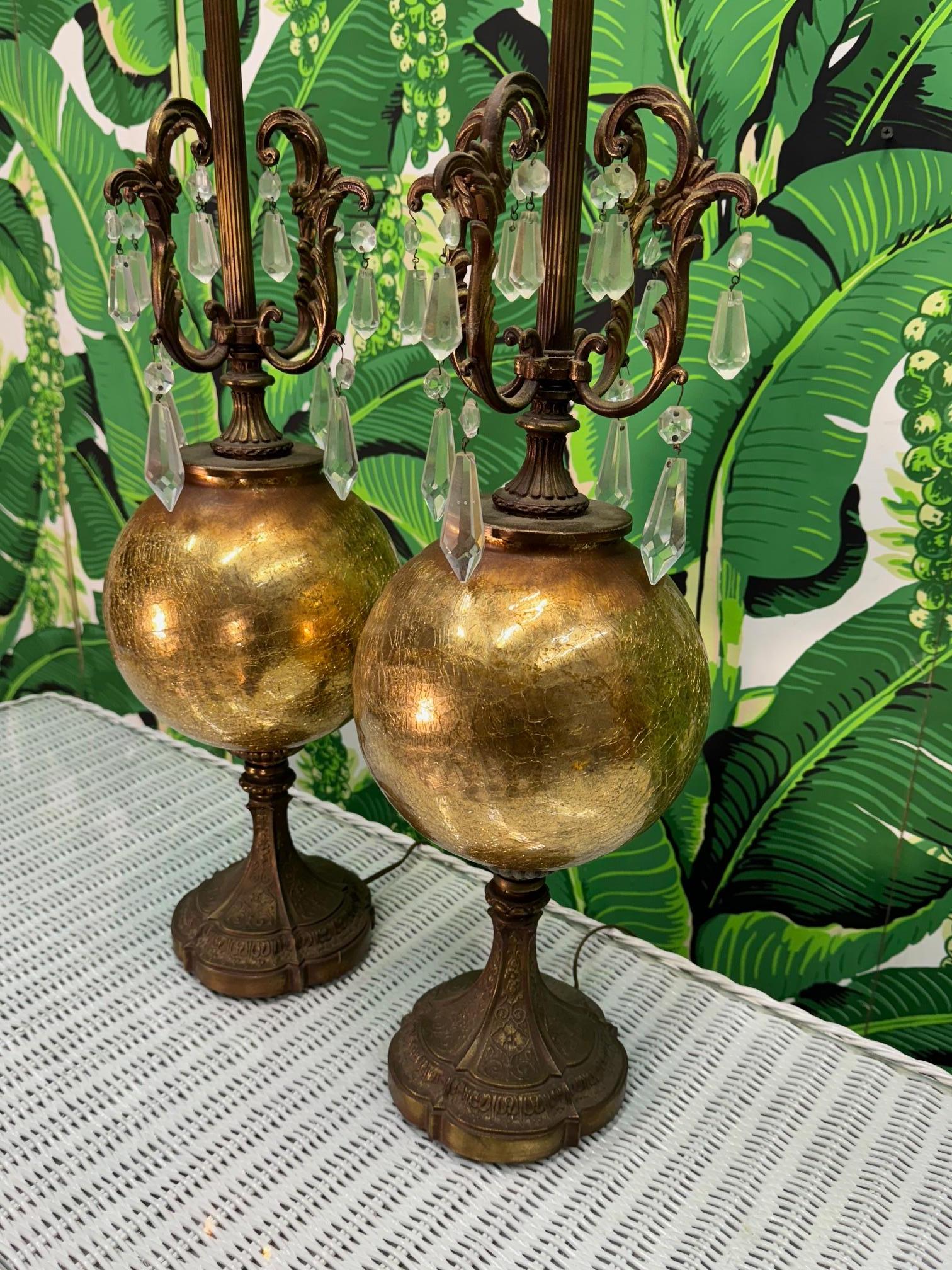 Hollywood Regency Lampes de table en verre au mercure et en cristal de bronze en vente