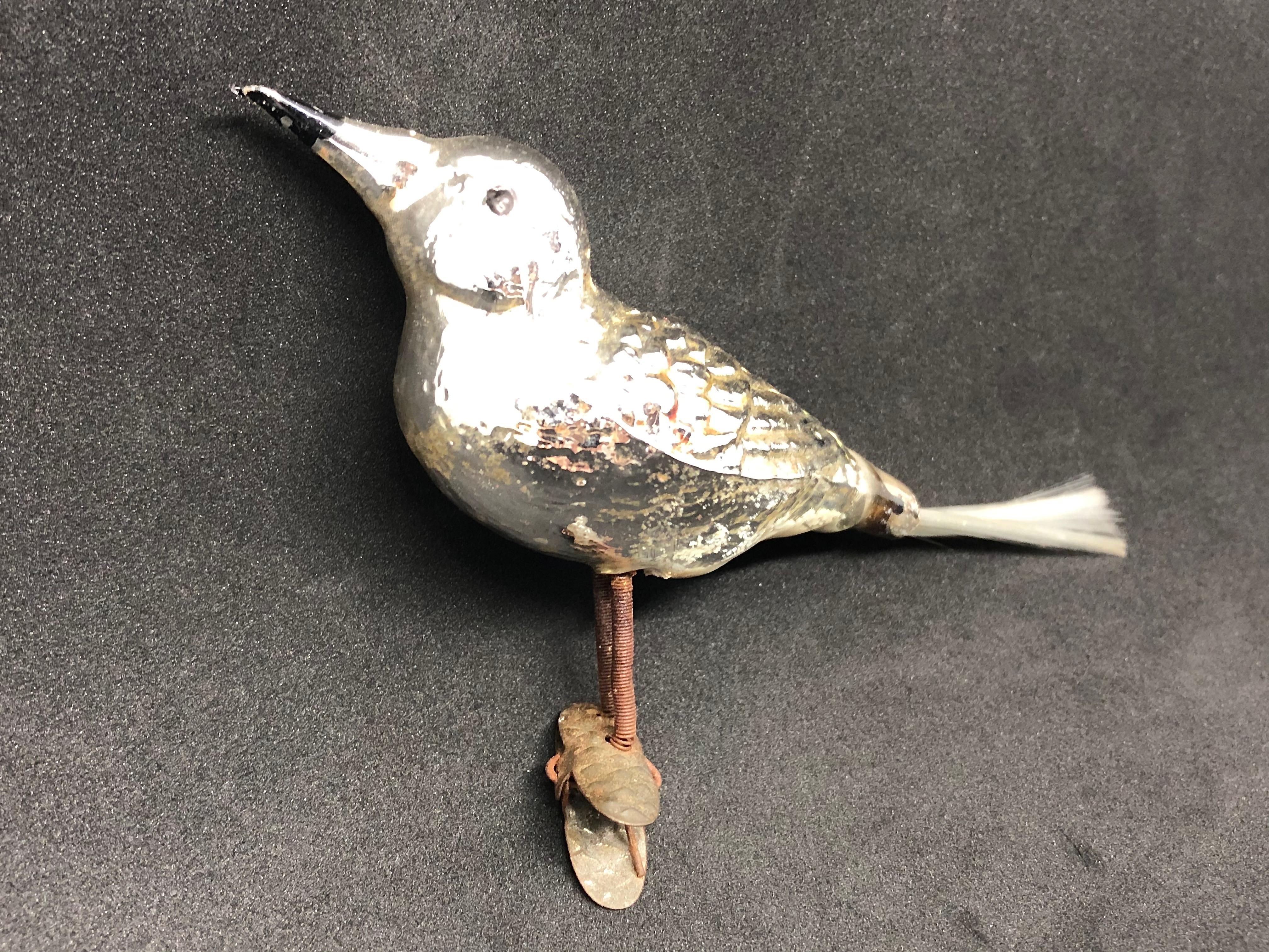 20th Century Mercury Glass Bird Christmas Tree Clip on Ornament, Antique German, 1910s