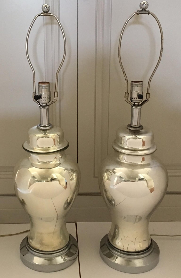 MidCentury Mercury Glass Mirrored Silver Chrome Ginger Jar Table Lamps