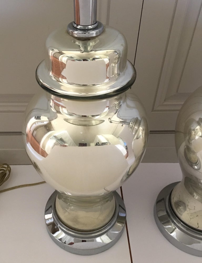 MidCentury Mercury Glass Mirrored Silver Chrome Ginger Jar Table Lamps