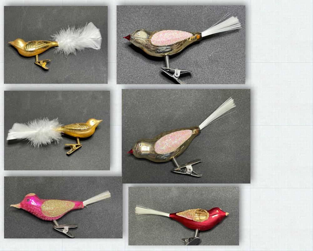 Six rare vintage clip-on bird ornaments. Tallest measures approximate 2