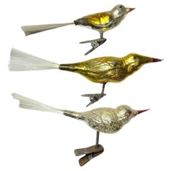 Mercury Glass Three Bird Christmas Tree Clip-On Ornament, Vintage German, 1930s