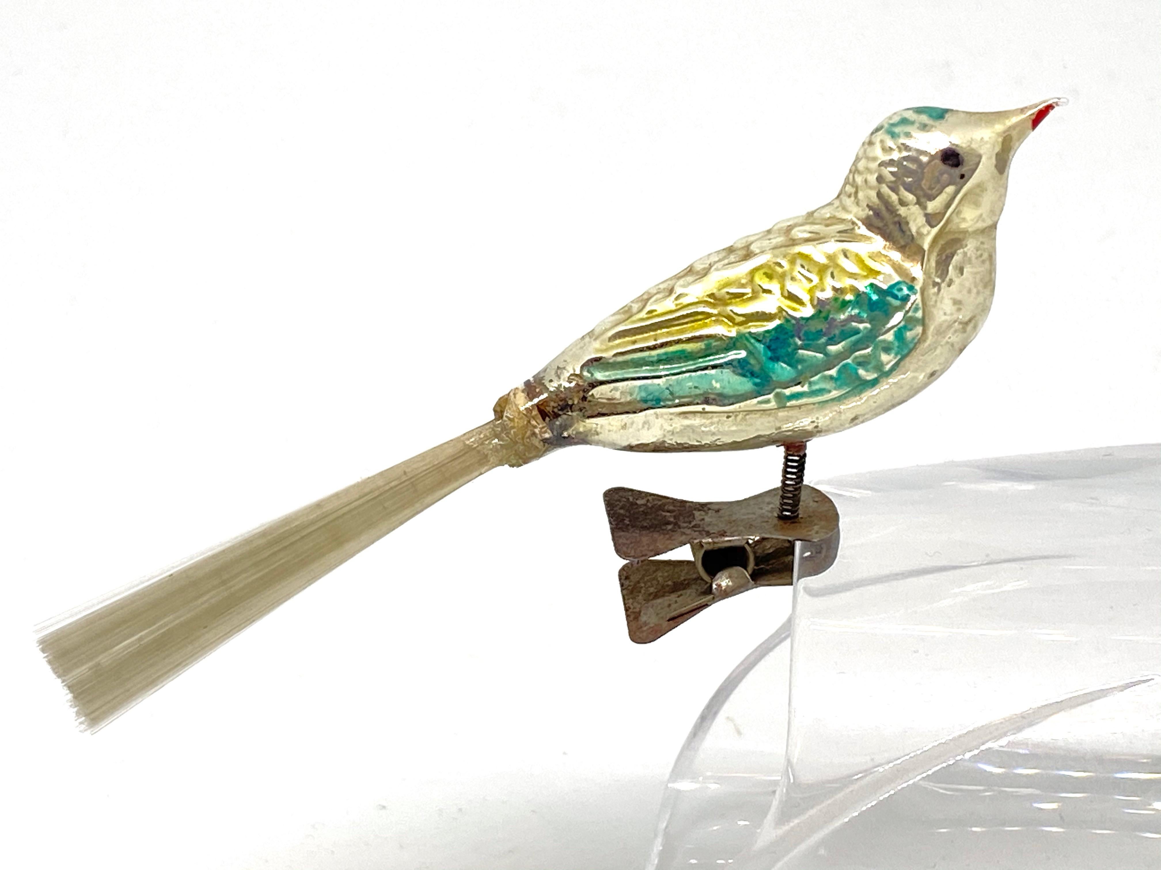 Hand-Crafted Mercury Glass Two Bird Christmas Tree Clip-On Ornament, Antique German, 1910s