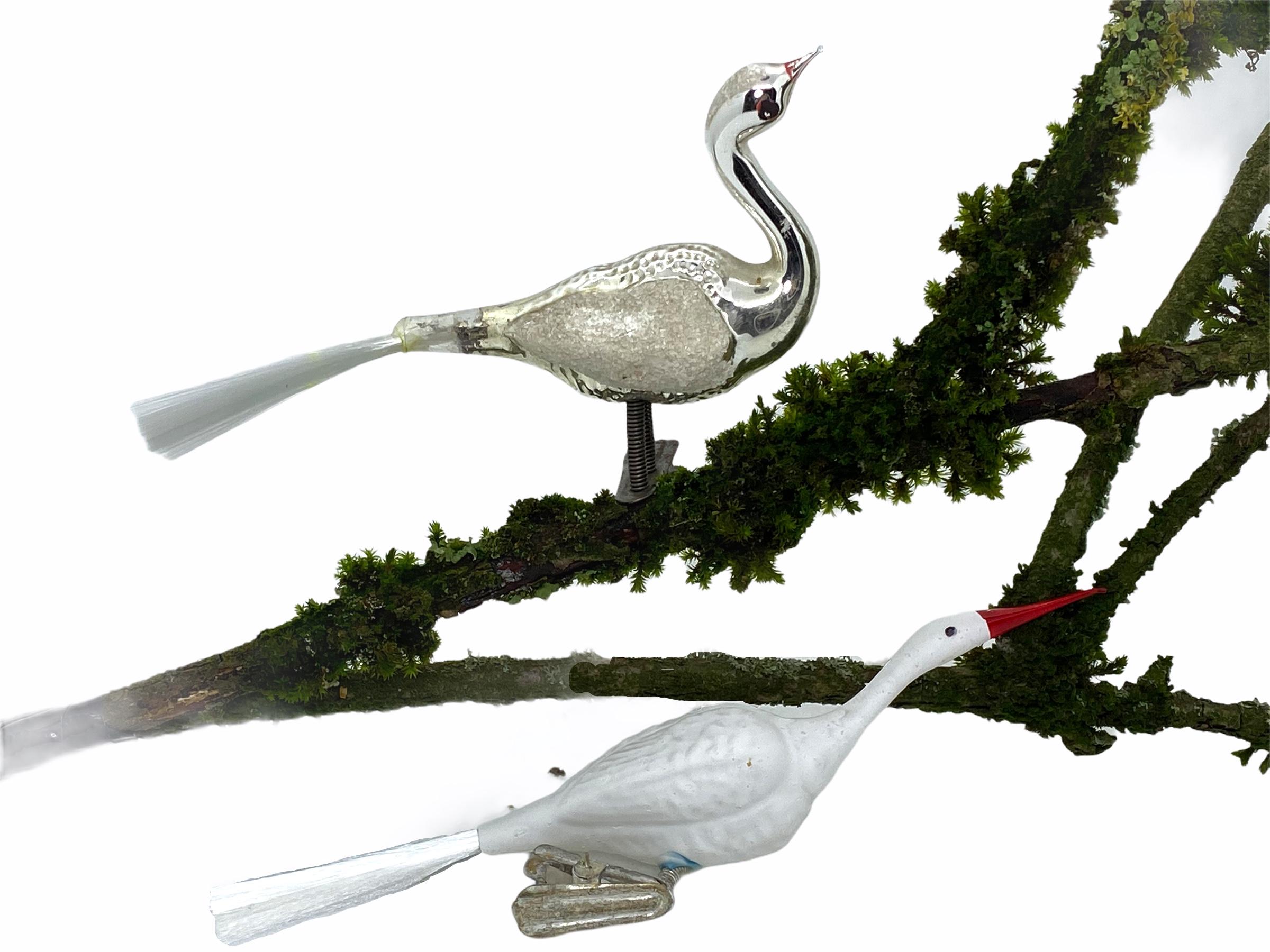 Two rare vintage clip-on bird ornaments, a swan and a stork. Swan measures approximate 3