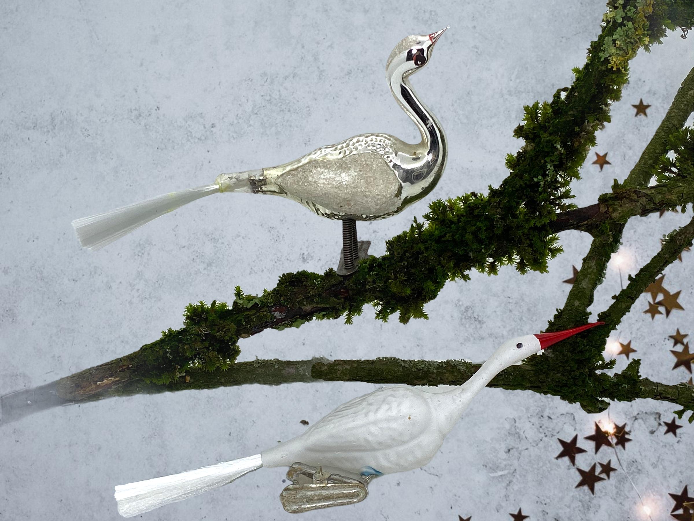 Folk Art Mercury Glass Two Bird Christmas Tree Clip-On Ornament, Vintage, German, 1930s