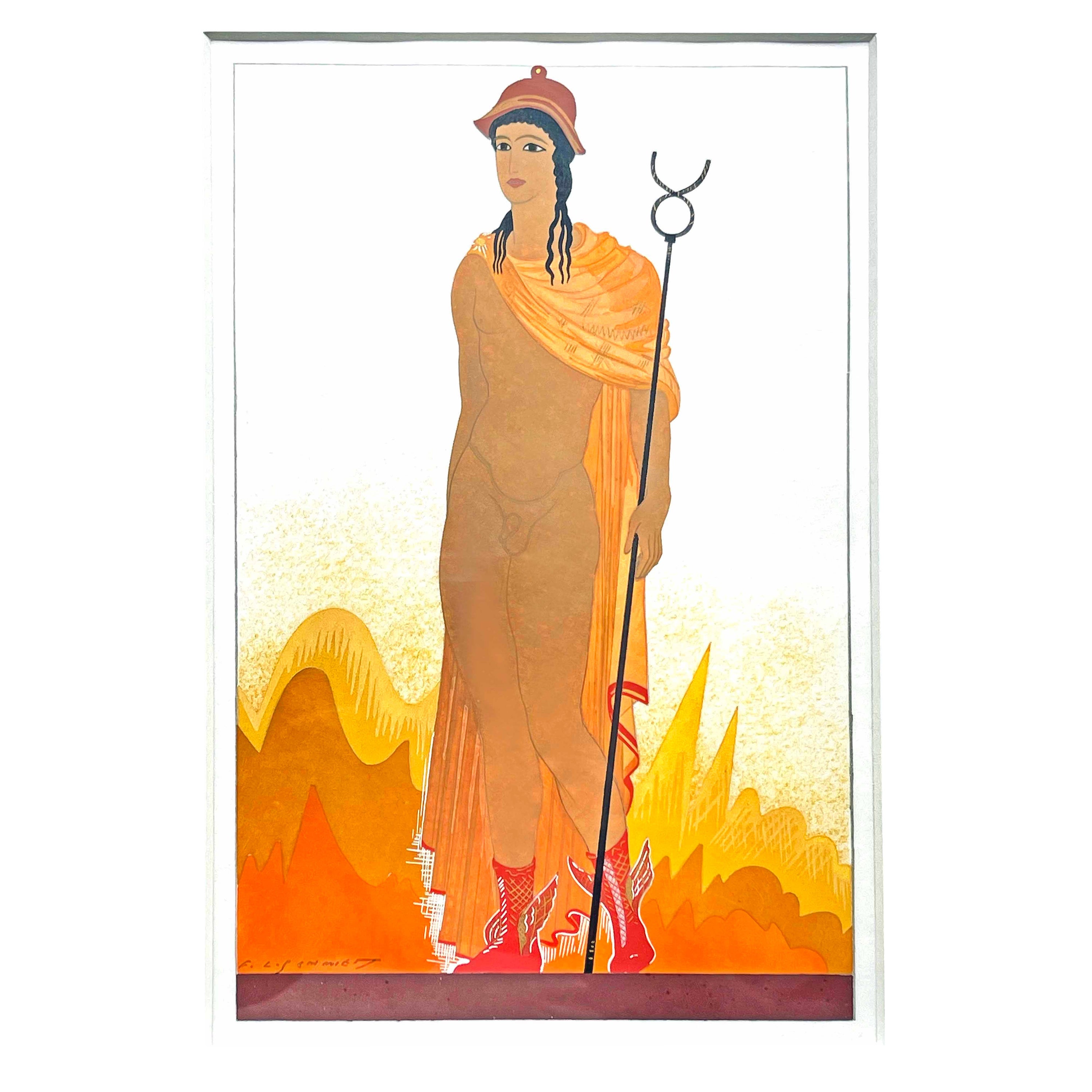 "Mercury in Golden Glow", Important Art Deco Painting w/ Male Nude by Schmied