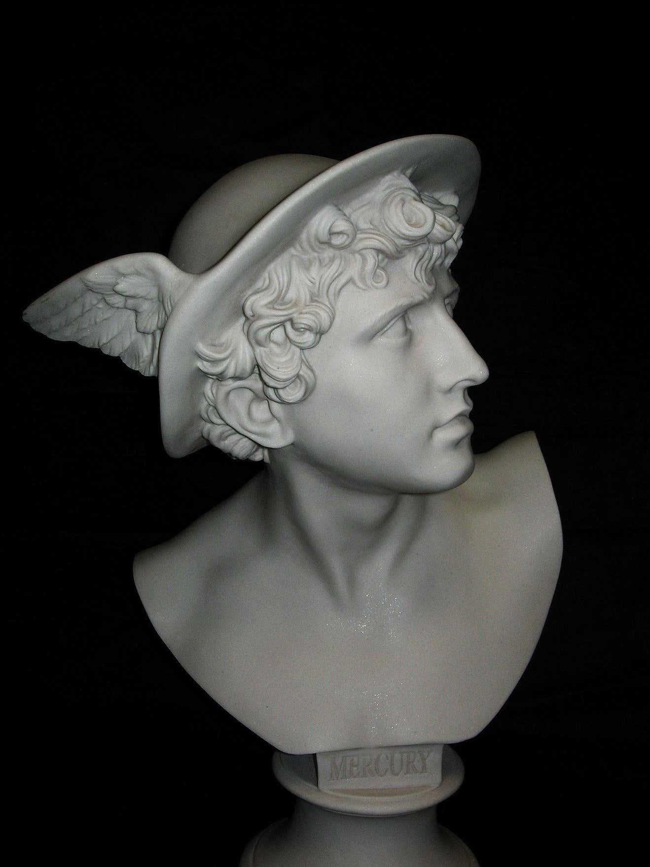 A beautiful marble mercury, a bust, after Canova.
A classic marble bust of mercury, wearing helmet decorated with his customary wings.