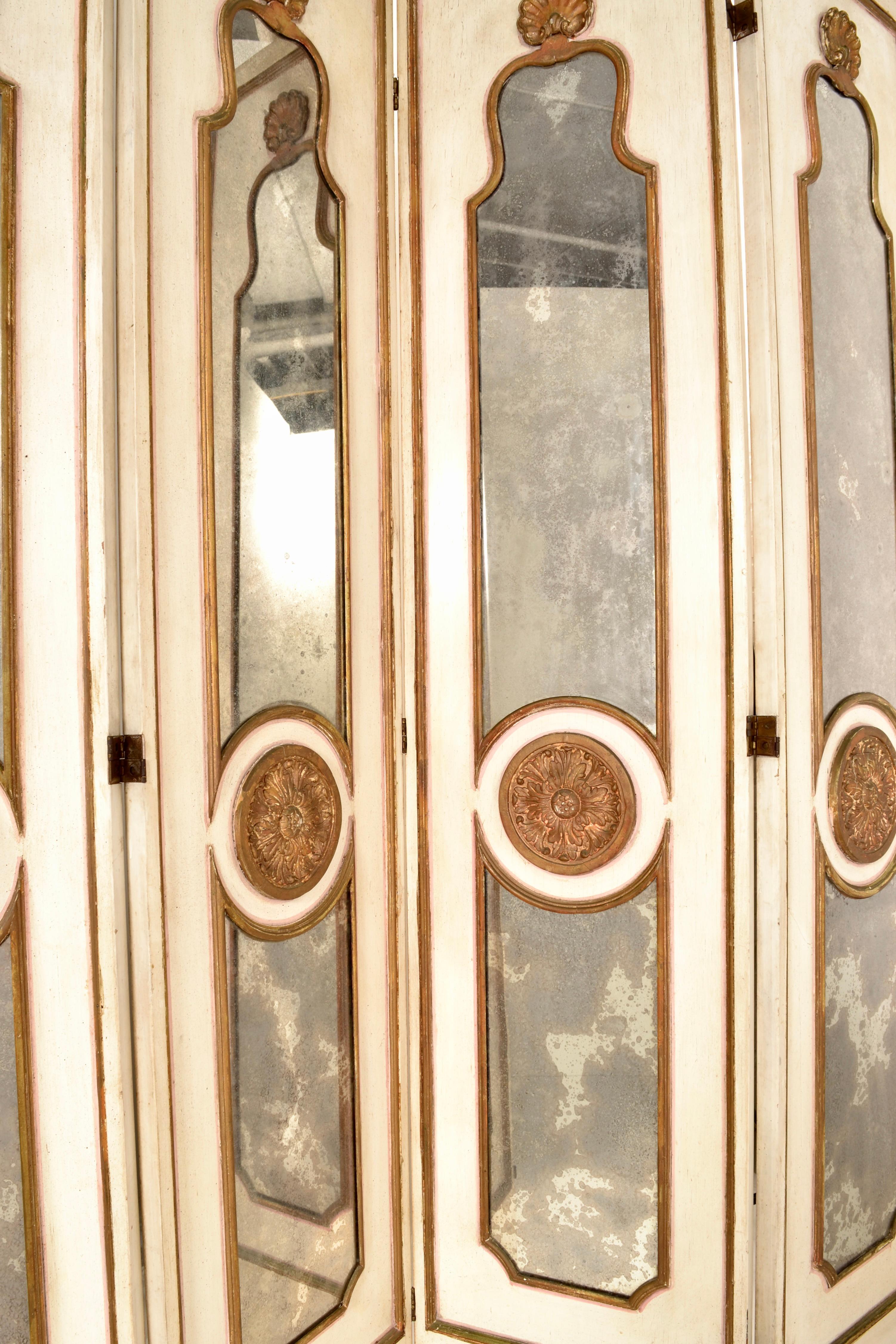 Italian Mercury Mirrored Hollywood Regency 4-Panel Screen, Italy c 1950s