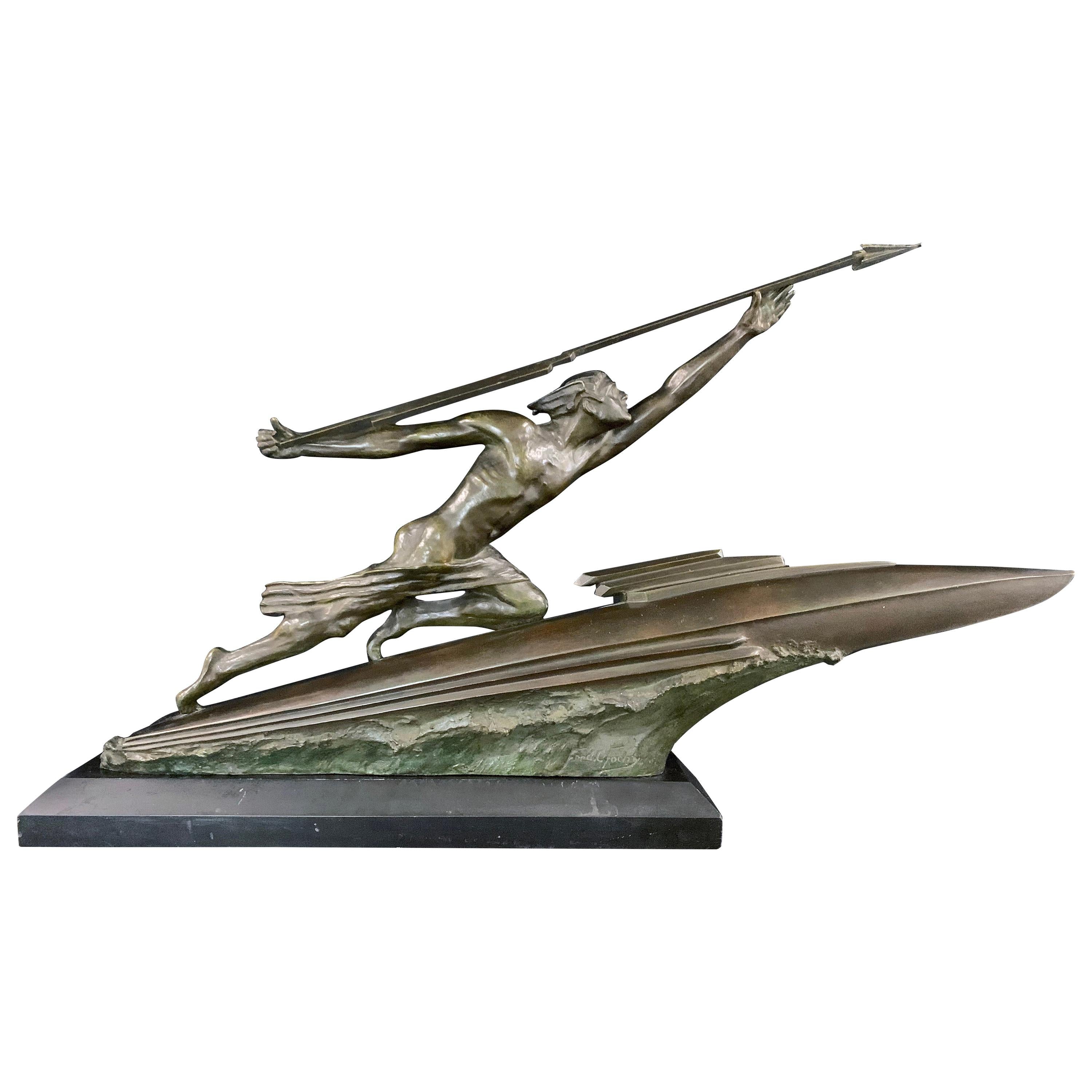"Mercury Riding a Rocket," Large, Spectacular Art Deco Bronze Sculpture by Focht