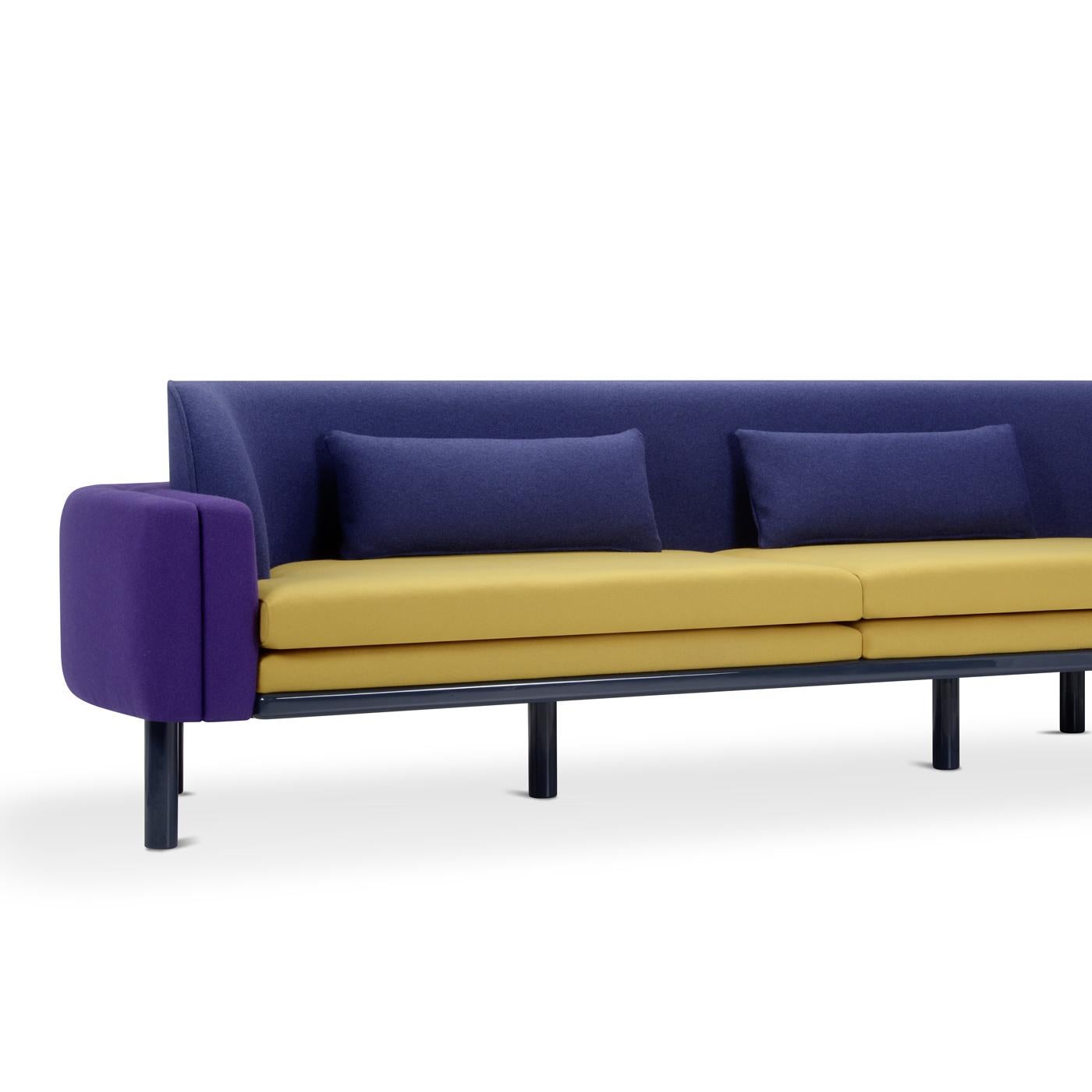 With striking visual impact, the mercury sofa is inspired by the avant-garde artistic movements of the early 1900s. The base in painted beechwood matches the padded and upholstered seat, back and armrests. The combination of fabrics colors is almost
