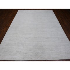 Mercury White Plain Design Hand Knotted Pure Wool Modern Peshawar Oriental Rug