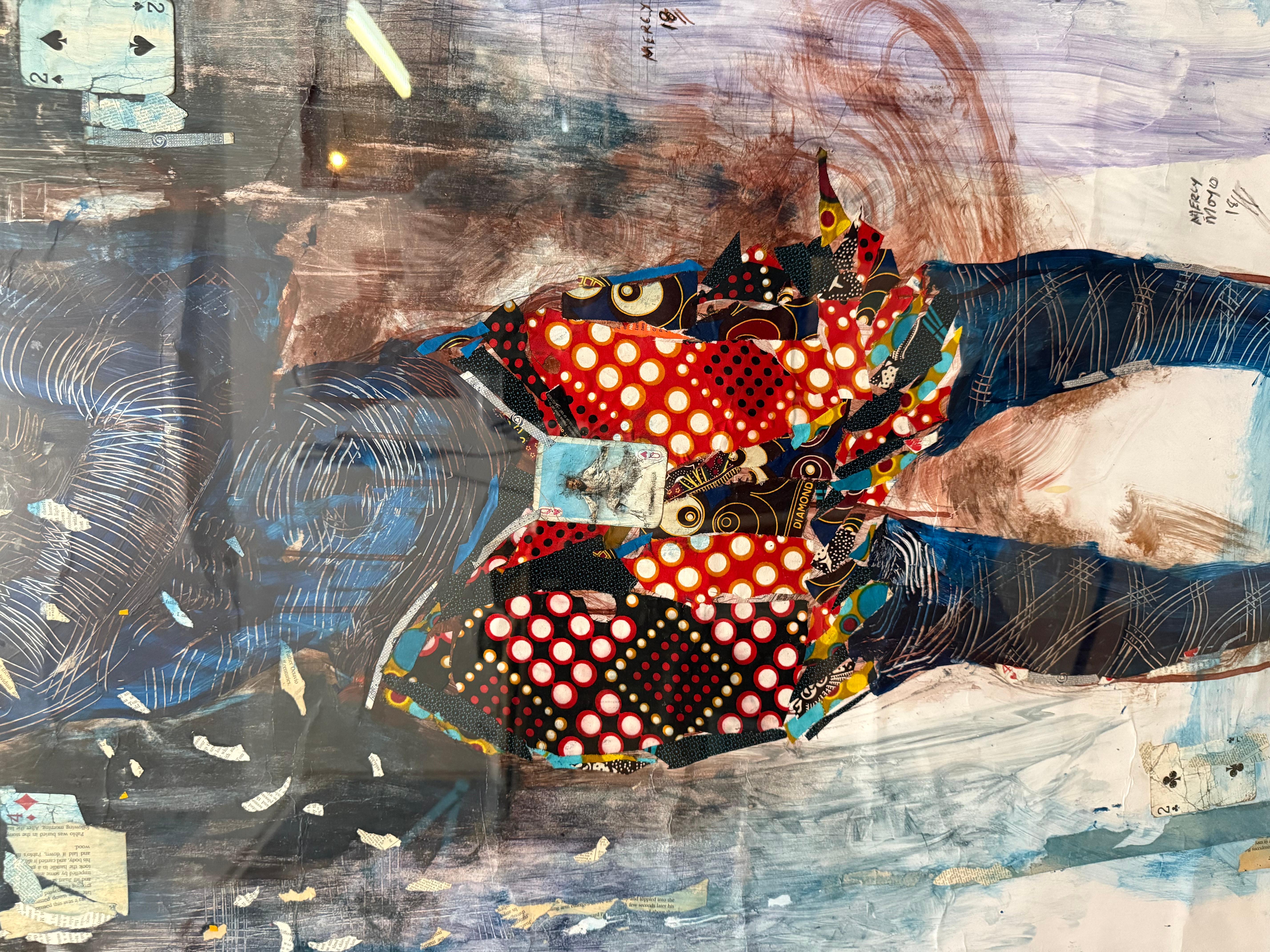 Gran Pintura Collage de Naipes Africanos Mercy Moyo Mujer Artista de Zimbabue en venta 13