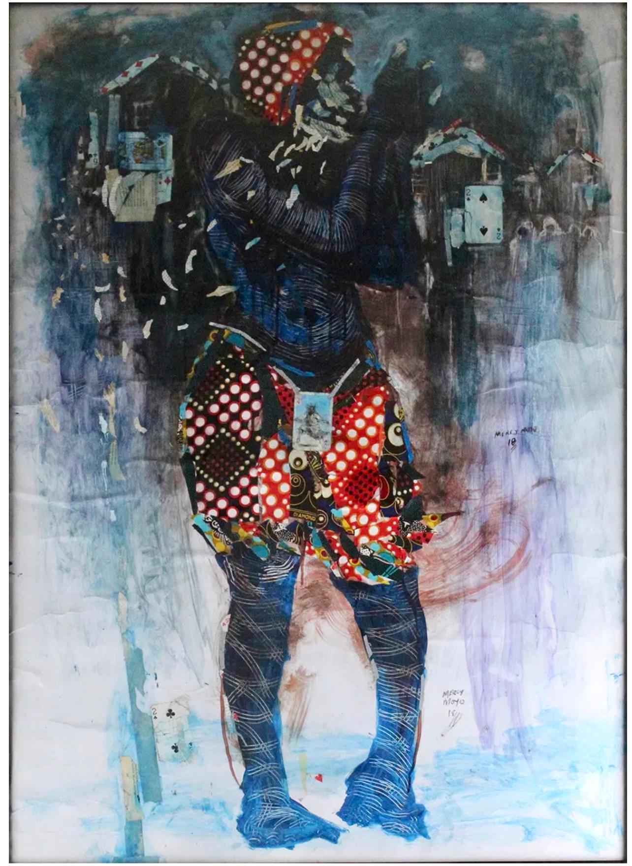 Mercy Moyo (Zimbabue, 1980-)
Retrato de figura de pie
Collage de técnica mixta
Collage de ensamblaje con carboncillo y pintura. 
Firmado a mano  l.d. Mercy Moyo.
Dimensiones:  49 1/2 x 35 1/4 in. Enmarcado: 52 1/4 x 38 1/4 pulg. 

Mercy Moyo es una