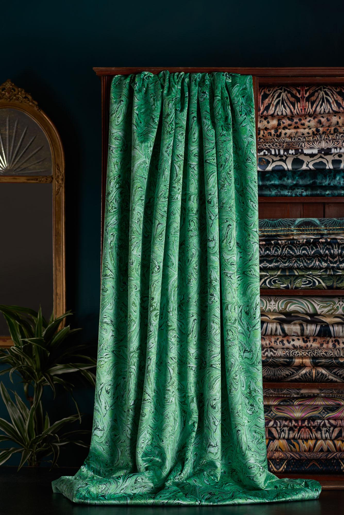 Meredith – the product of our amazing collaboration with Marbling Artist, Freya Scott, of Paperwilds. This mesmerising, highly intelligent and secretive process captured our hearts and led us to design this marbled pattern fabric.

This velvet is