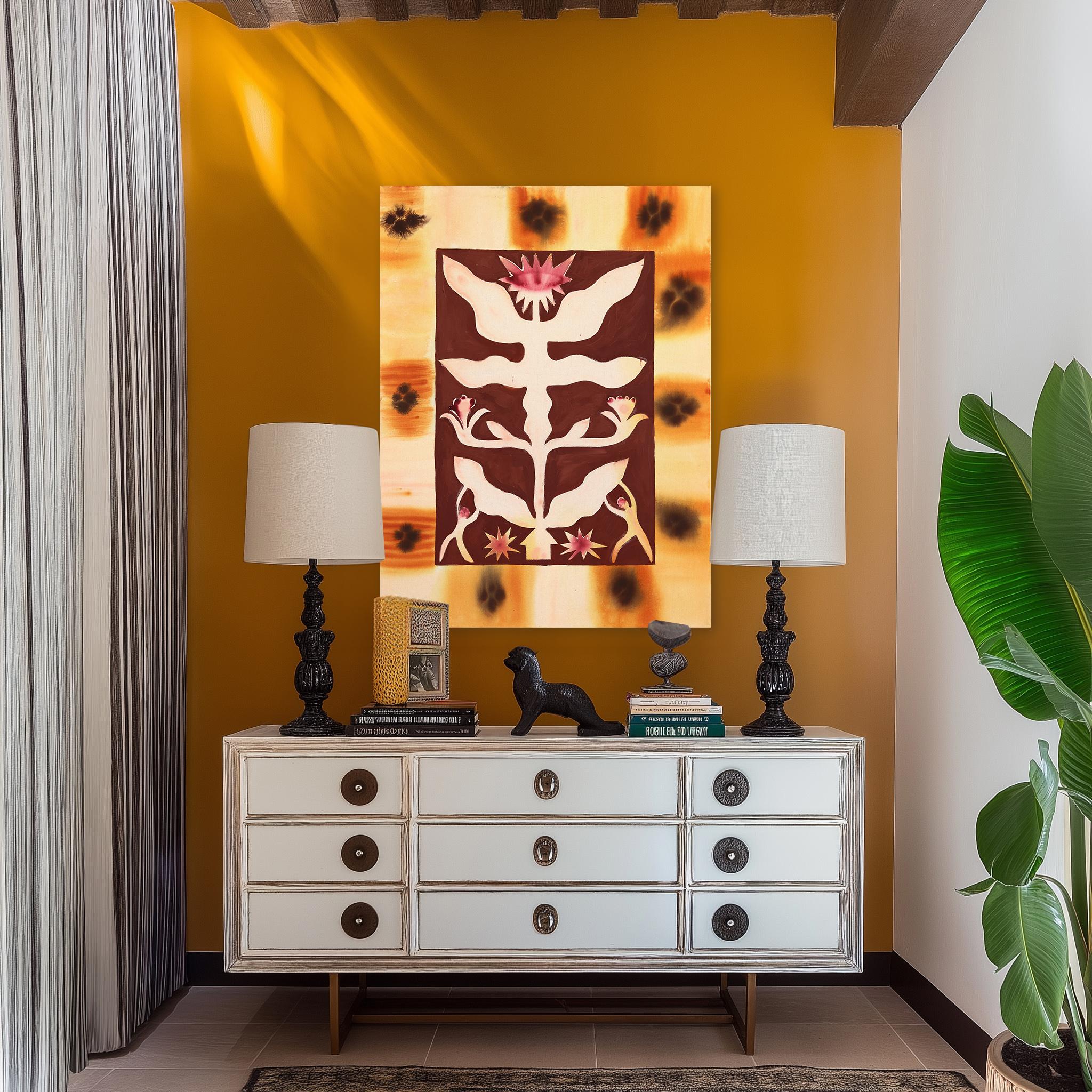 Desert Sunflower - Modern Warm Abstract Folk Art Inspired Painting on Raw Canvas - Orange Abstract Painting by Meredith Walker