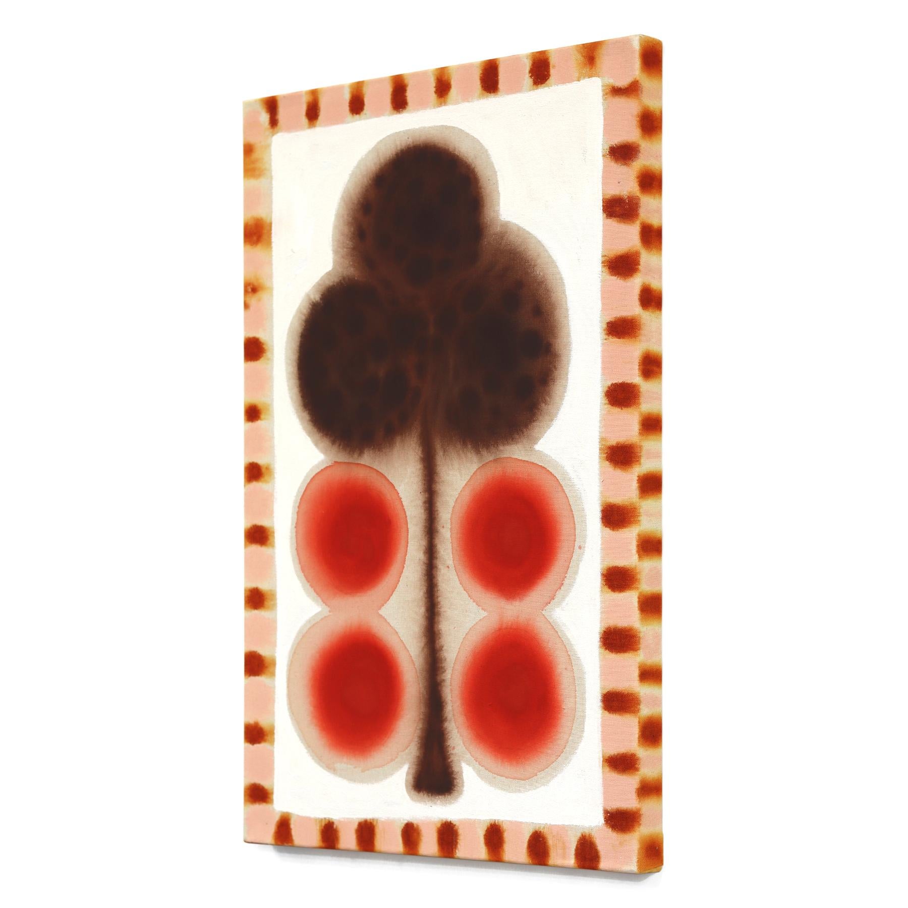 Dotted Clover - Warm Abstract Folk Art Inspired Botanical Painting on Raw Canvas For Sale 1