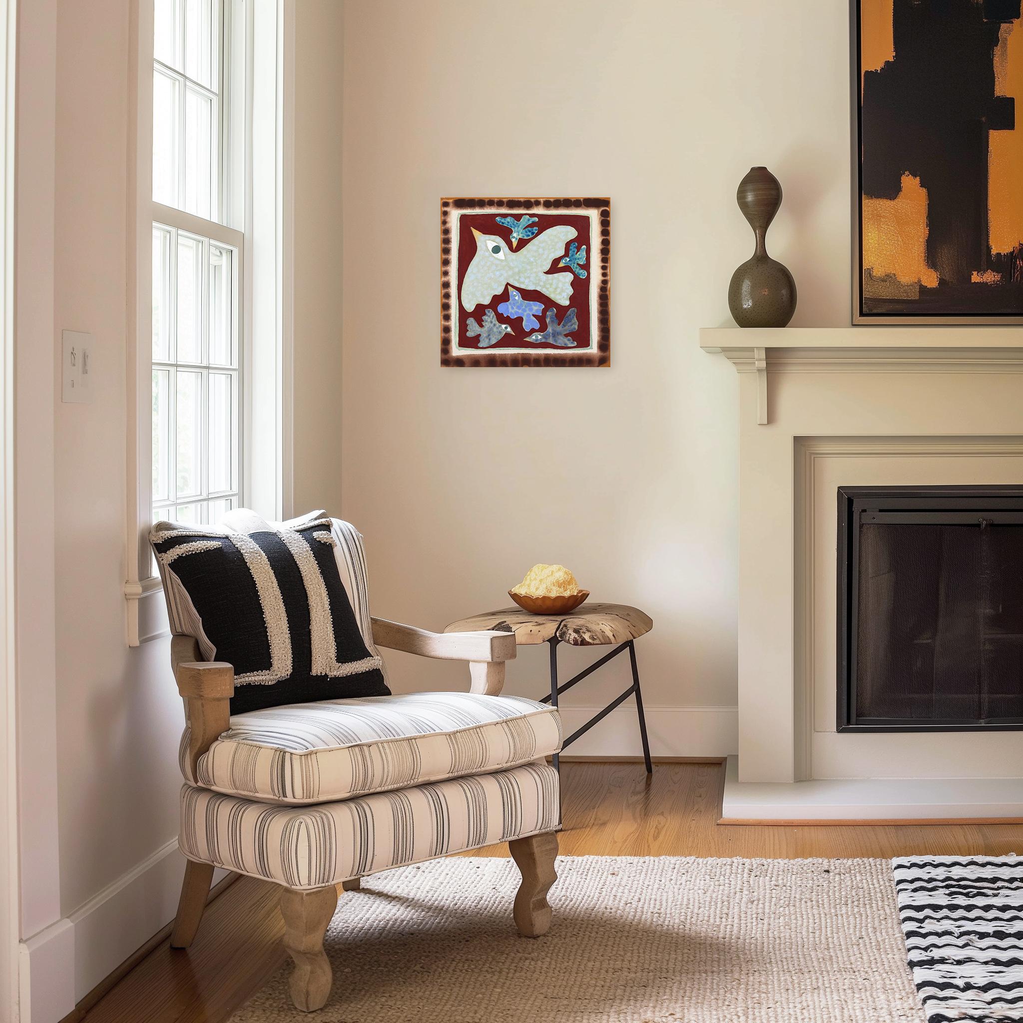 Flocked - Modern Colorful Abstract Bird Folk Art Inspired Painting on Raw Canvas - Brown Abstract Painting by Meredith Walker