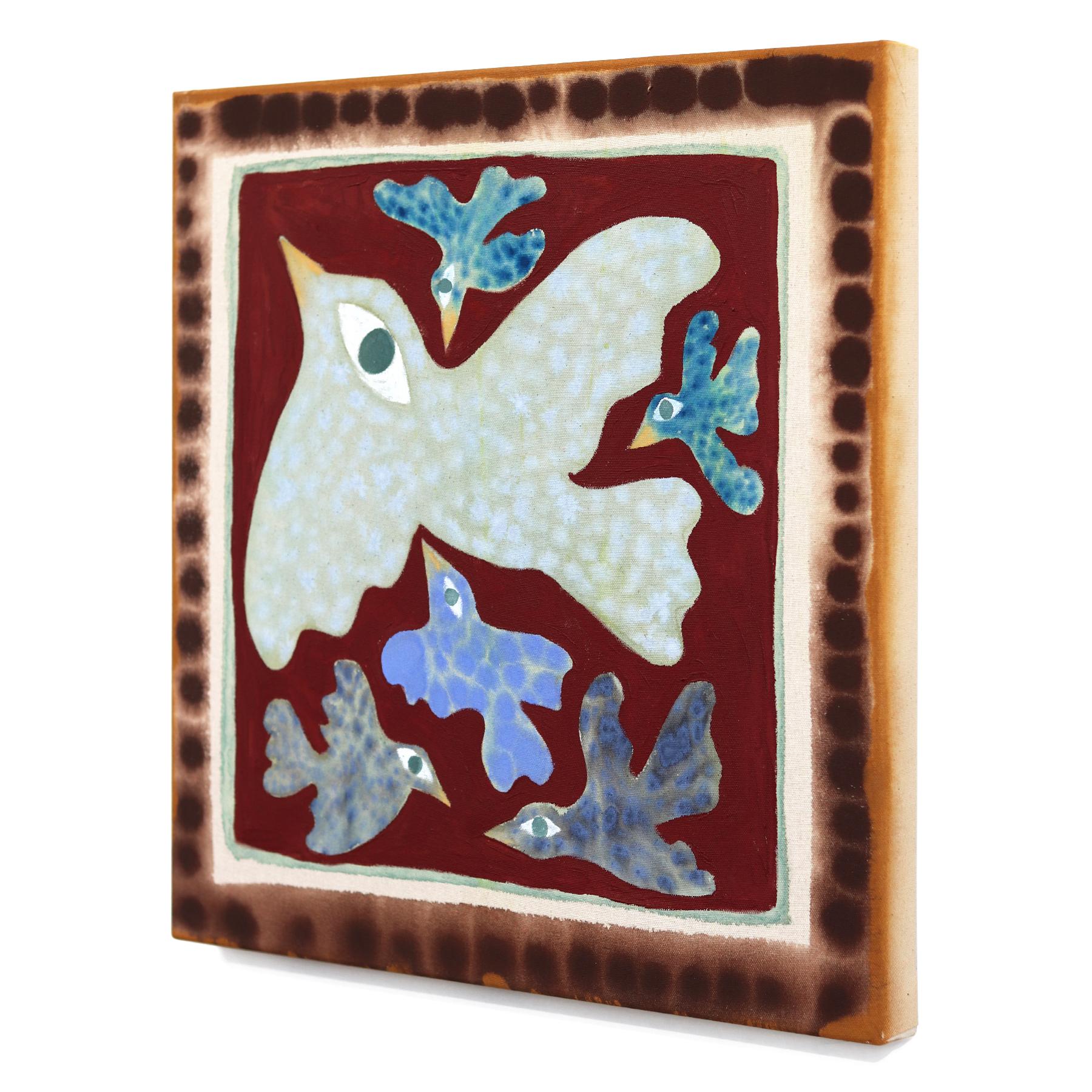 Flocked - Modern Colorful Abstract Bird Folk Art Inspired Painting on Raw Canvas For Sale 1