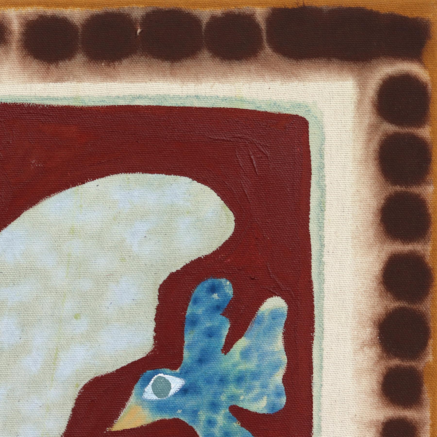 Flocked - Modern Colorful Abstract Bird Folk Art Inspired Painting on Raw Canvas For Sale 2