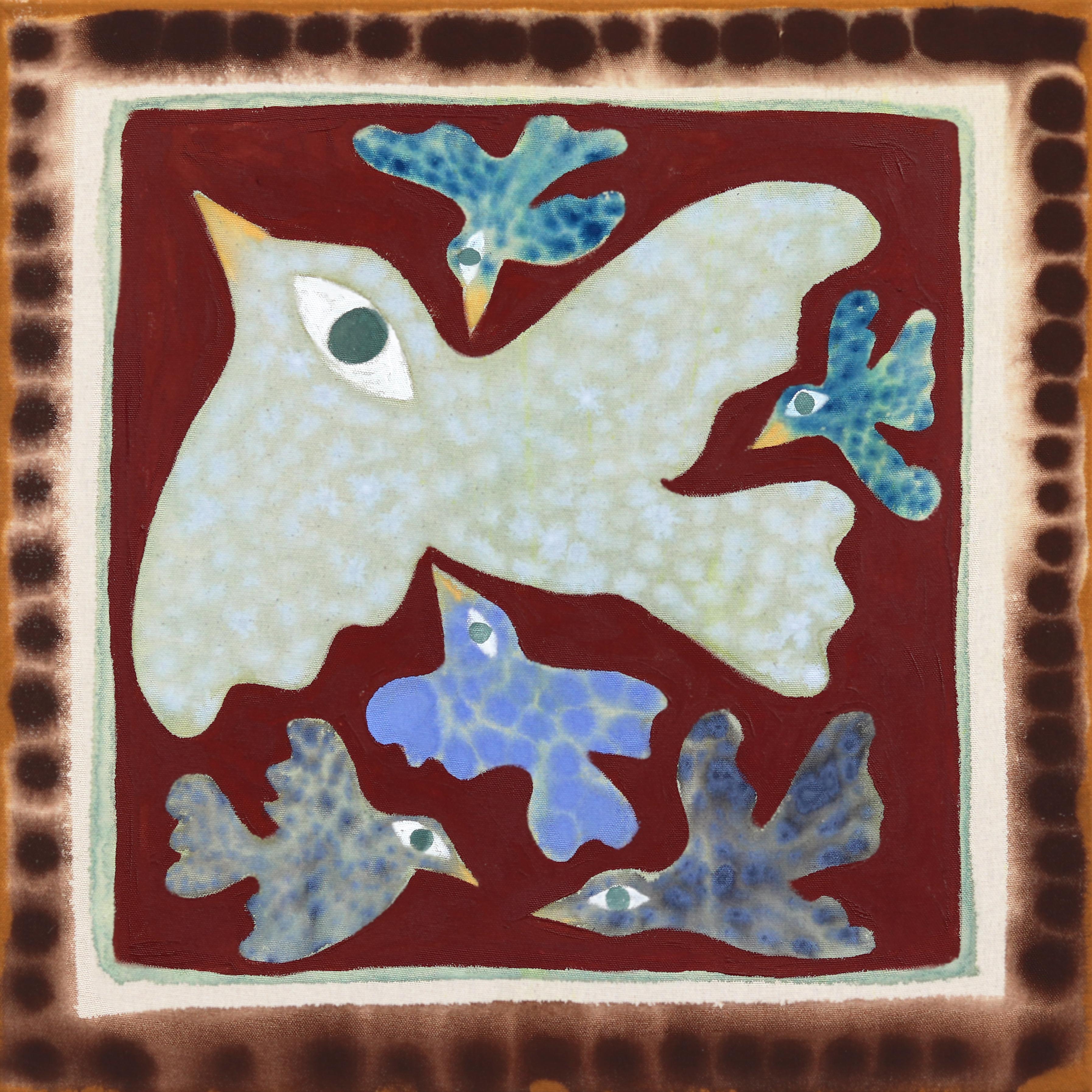Flocked - Modern Colorful Abstract Bird Folk Art Inspired Painting on Raw Canvas