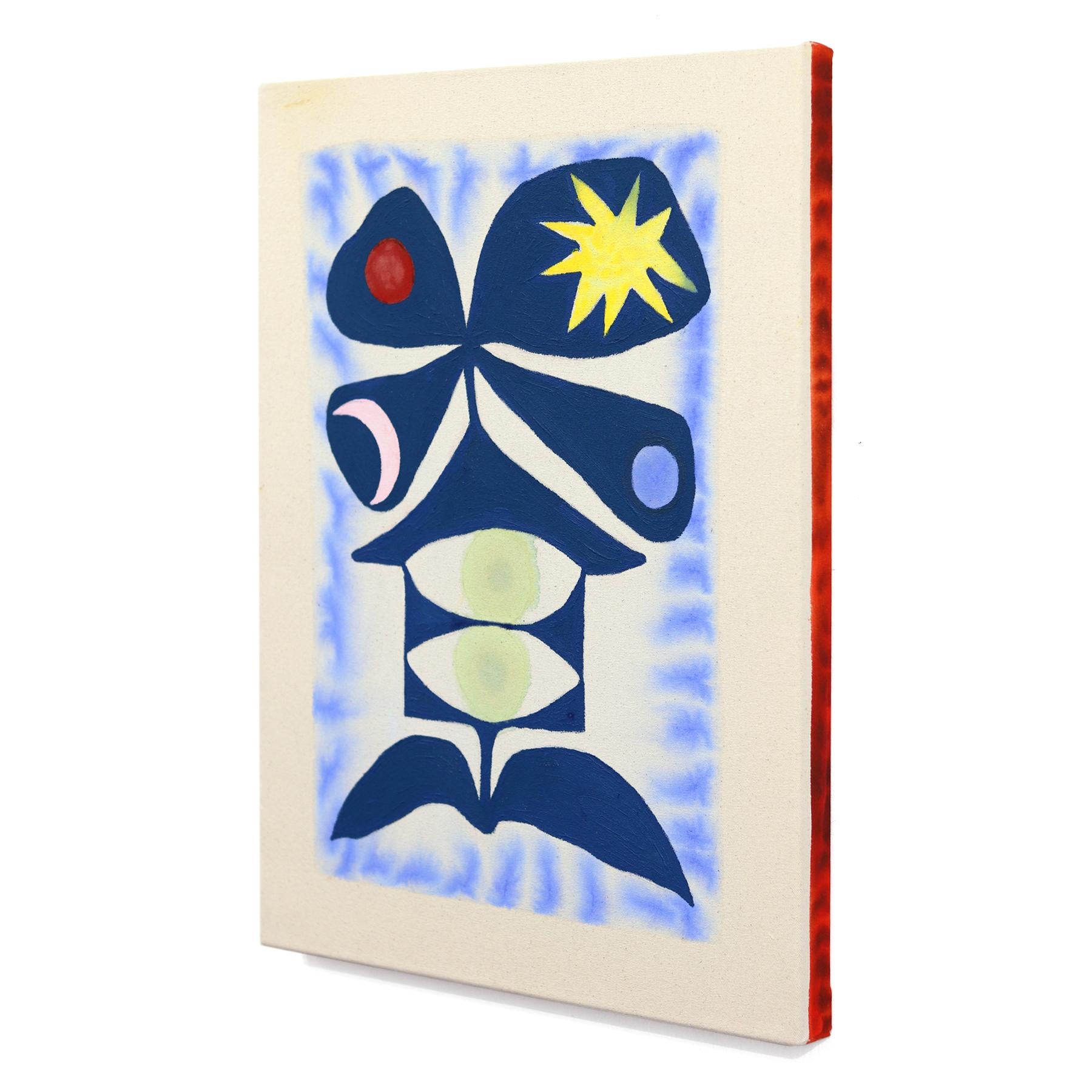 Lucky Four - Modern Cool Tone Abstract Folk Art Inspired Painting on Raw Canvas im Angebot 1