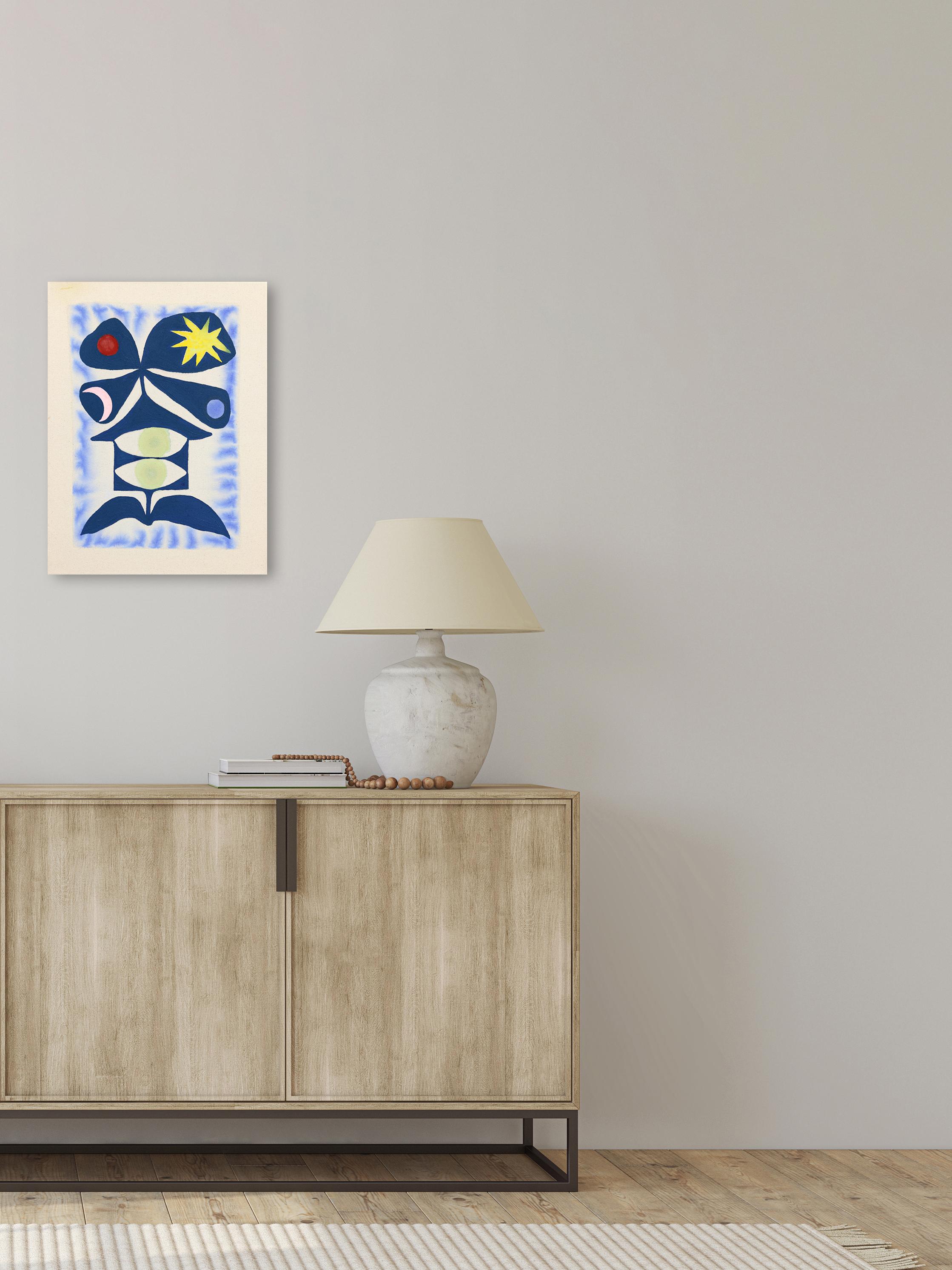 Lucky Four - Modern Cool Tone Abstract Folk Art Inspired Painting on Raw Canvas im Angebot 3
