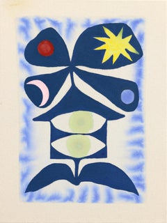 Lucky Four - Modern Cool Tone Abstract Folk Art Inspired Painting on Raw Canvas