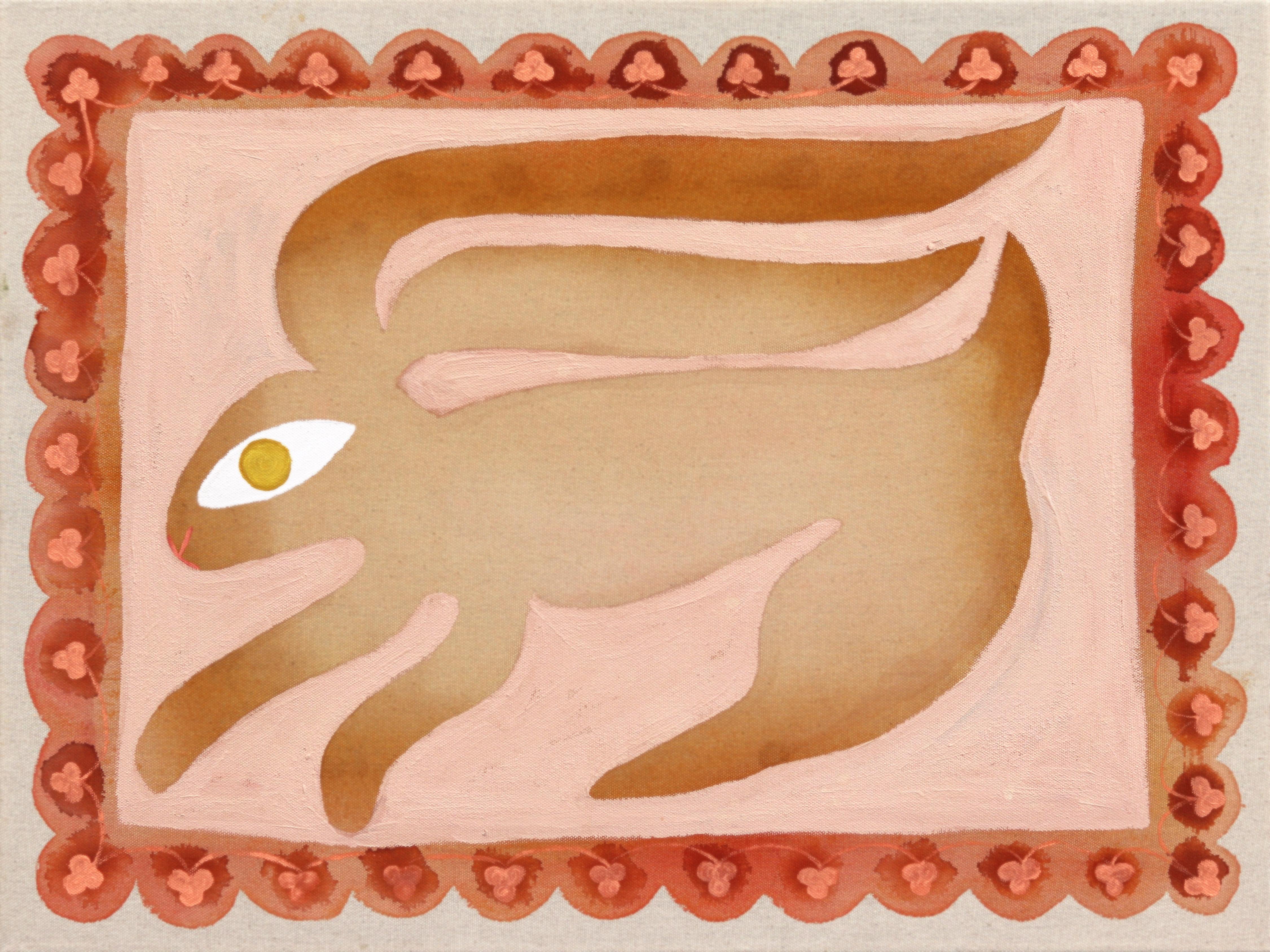 Meredith Walker Figurative Painting - Ochre Rabbit - Modern Figurative Animal Folk Art Inspired Painting on Raw Canvas