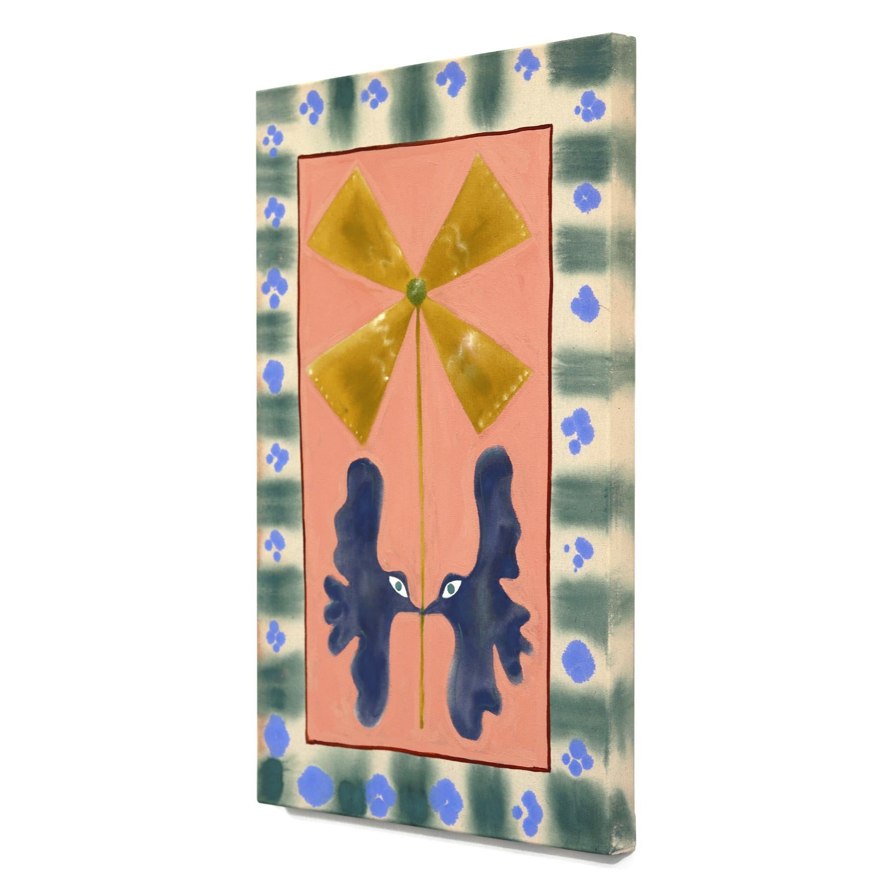 Pair of Blue Birds - Abstract Folk Art Inspired Botanical Painting on Raw Canvas For Sale 1