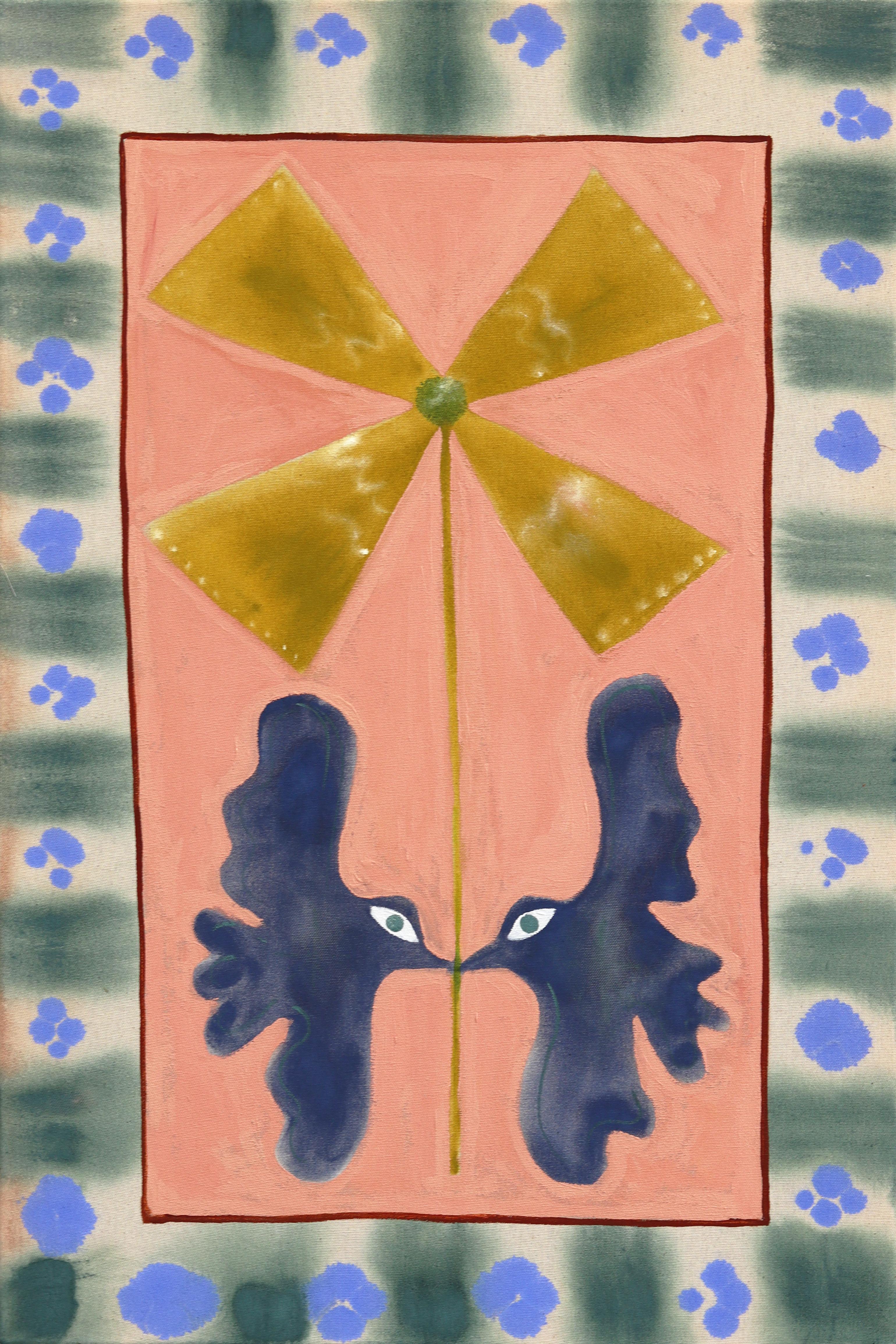 Meredith Walker Abstract Painting - Pair of Blue Birds - Abstract Folk Art Inspired Botanical Painting on Raw Canvas