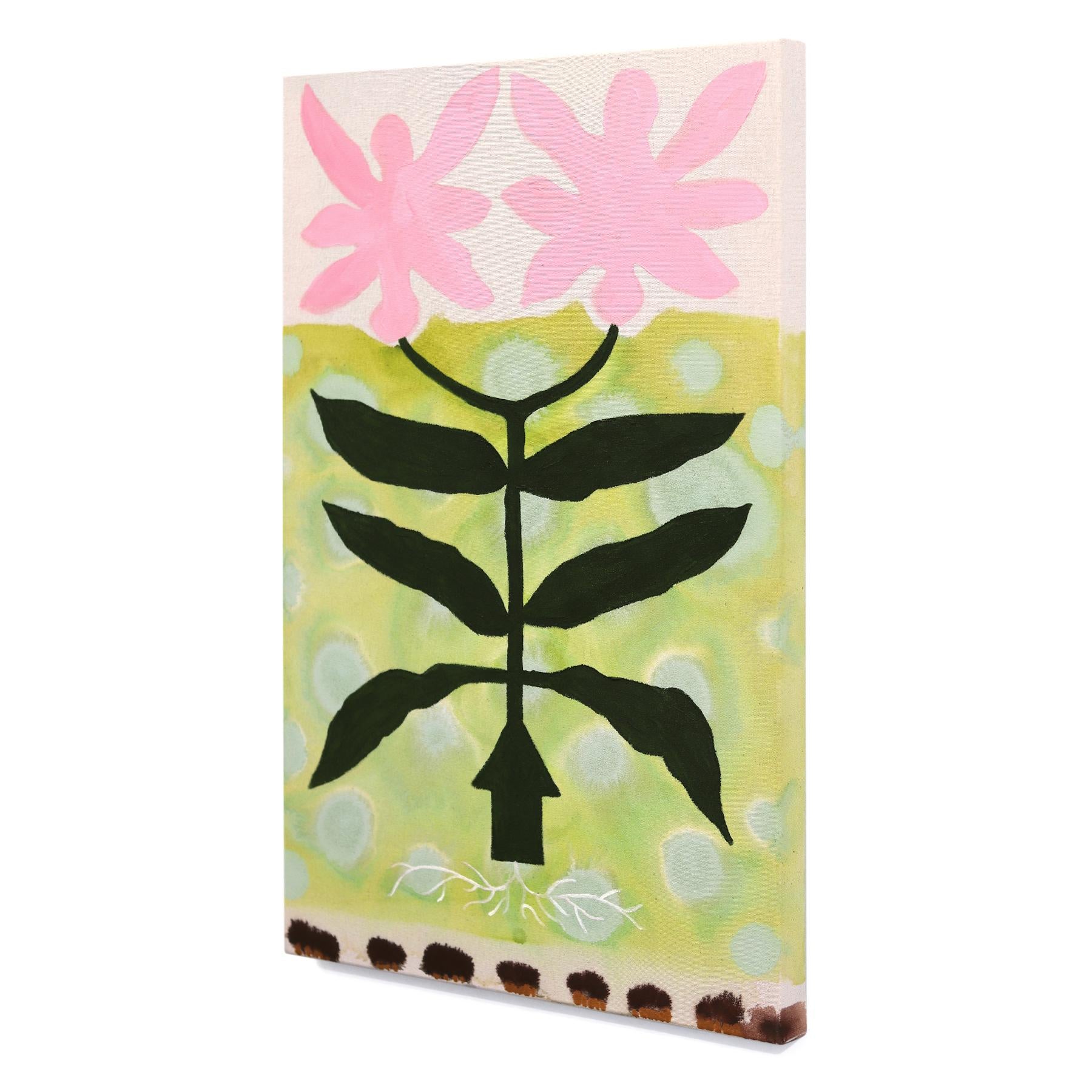 Sister Bloom - Peinture abstraite contemporaine inspirée de l'art populaire sur toile brute - Beige Still-Life Painting par Meredith Walker