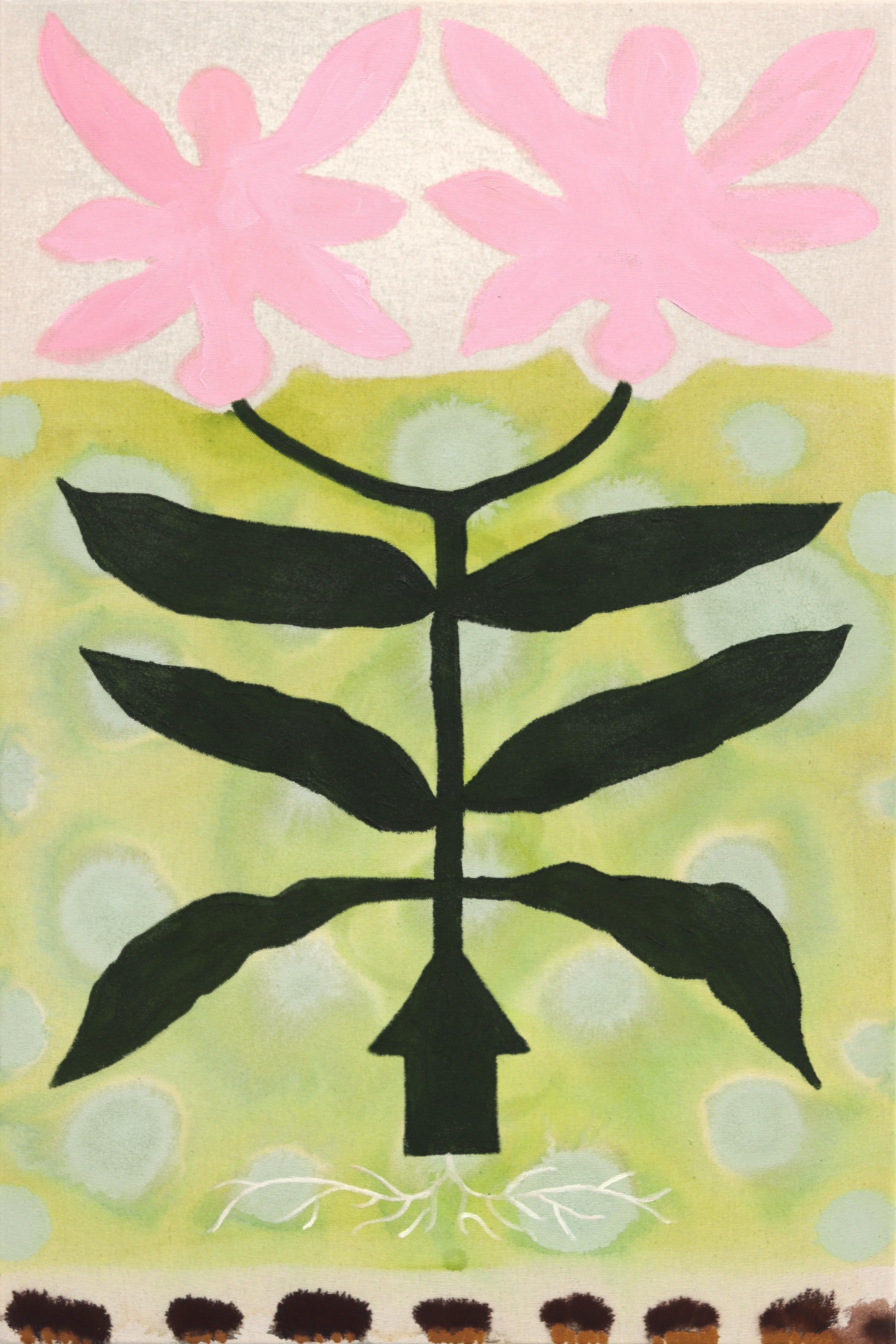Still-Life Painting Meredith Walker - Sister Bloom - Peinture abstraite contemporaine inspirée de l'art populaire sur toile brute