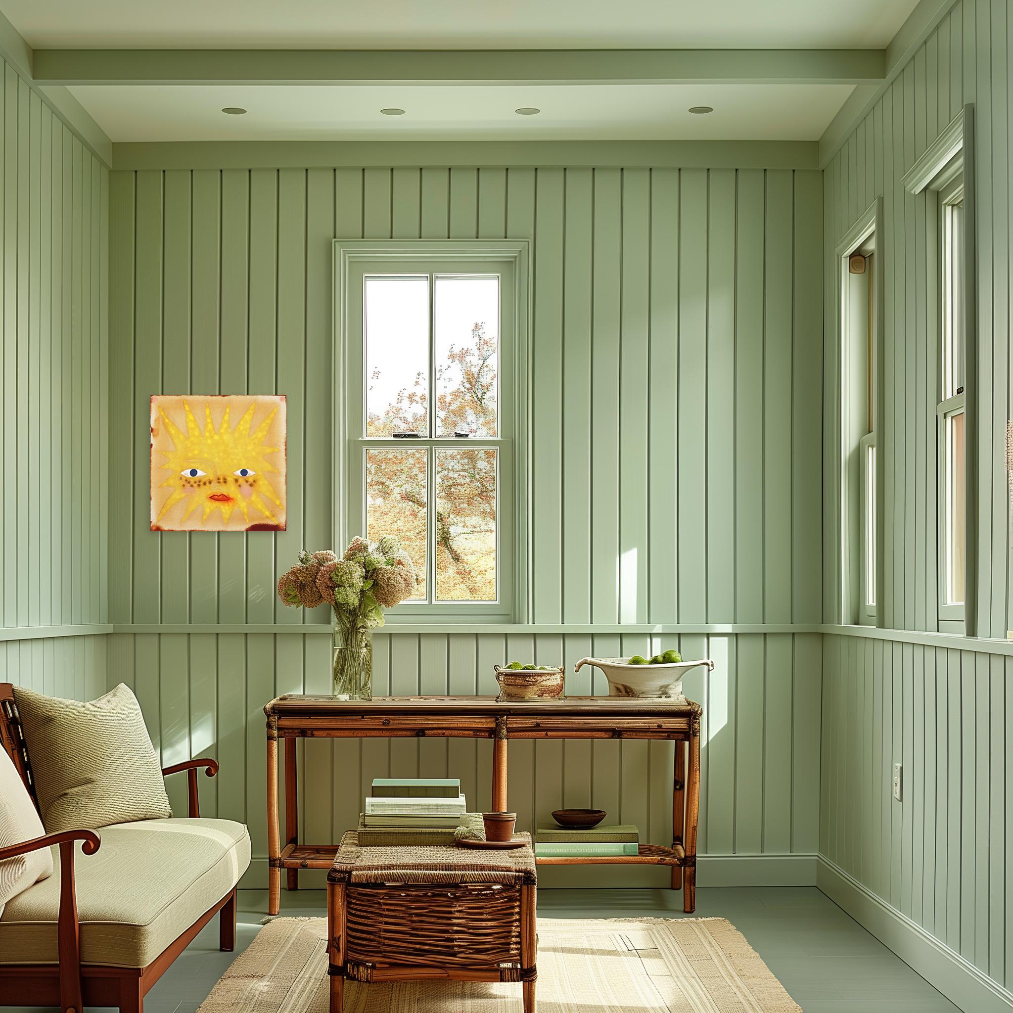 Sunshine I - Peinture moderne d'inspiration Folk Art jaune et lumineuse sur toile brute - Painting de Meredith Walker