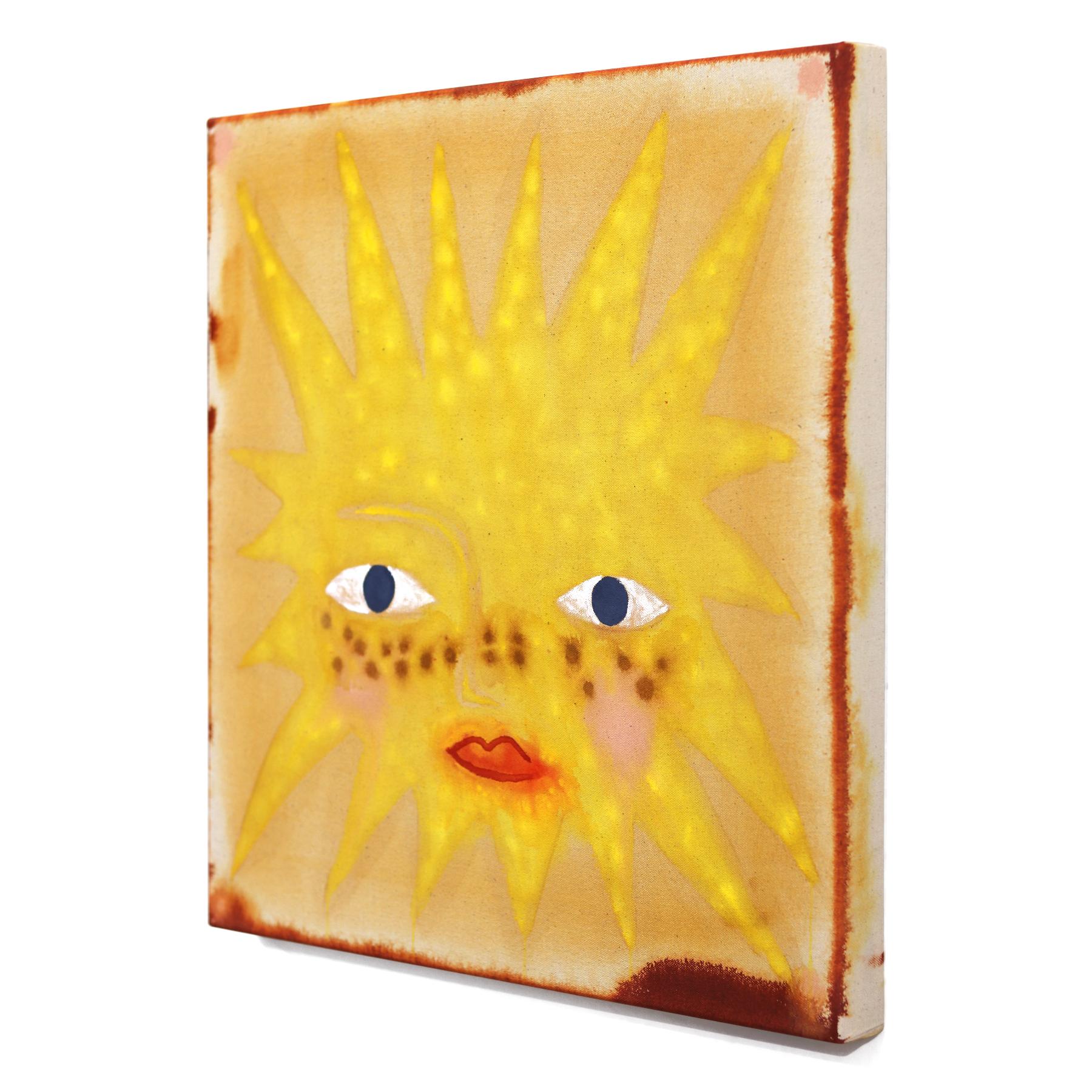 Sunshine I - Peinture moderne d'inspiration Folk Art jaune et lumineuse sur toile brute - Jaune Abstract Painting par Meredith Walker