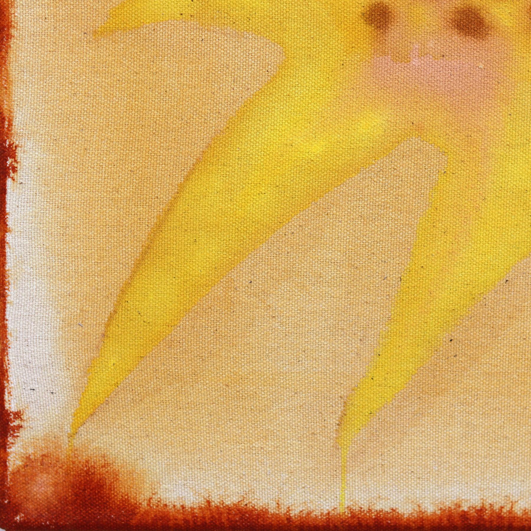 Sunshine I - Peinture moderne d'inspiration Folk Art jaune et lumineuse sur toile brute en vente 2