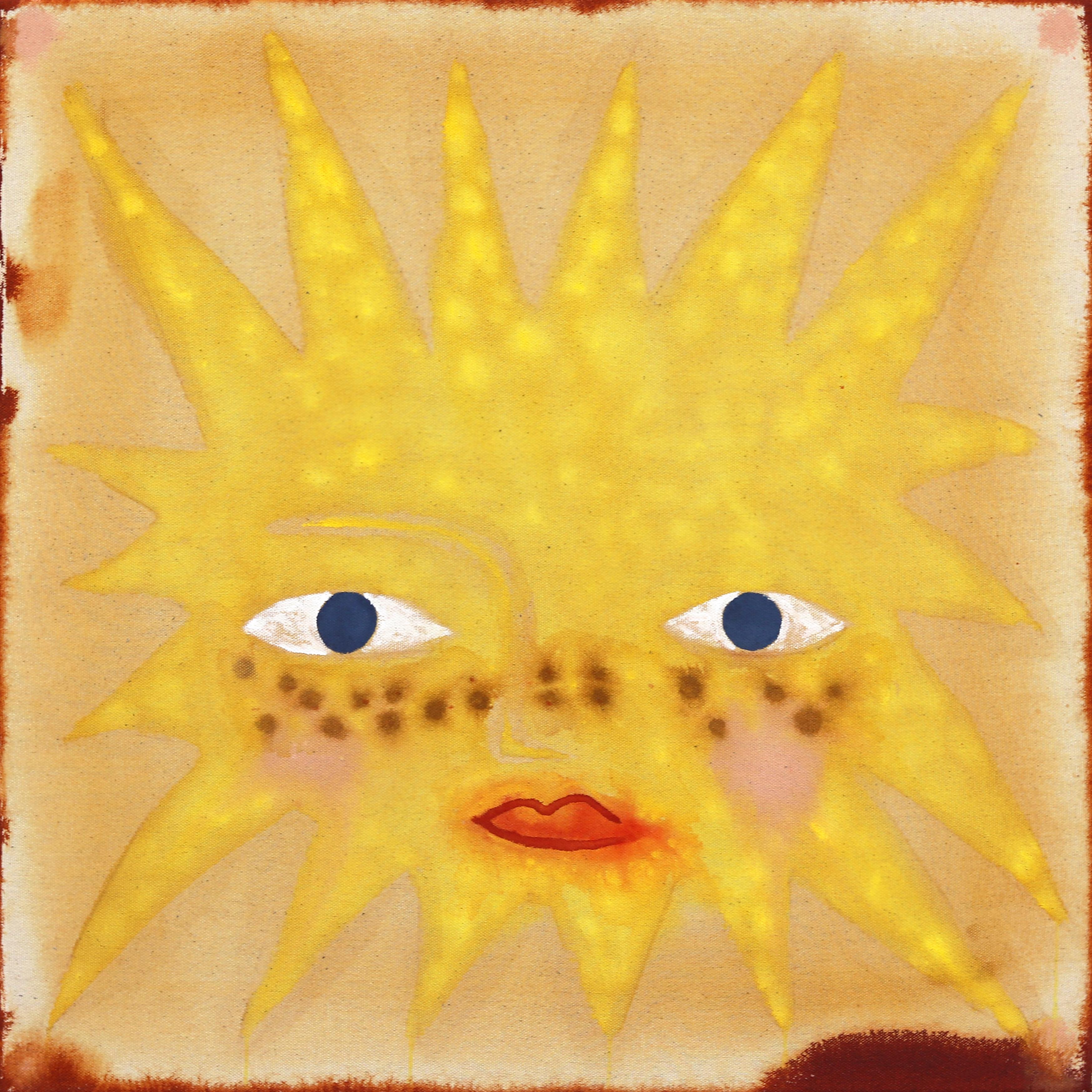 Abstract Painting Meredith Walker - Sunshine I - Peinture moderne d'inspiration Folk Art jaune et lumineuse sur toile brute
