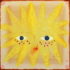 Sunshine II - Peinture moderne d'inspiration folklorique jaune lumineuse sur toile brute