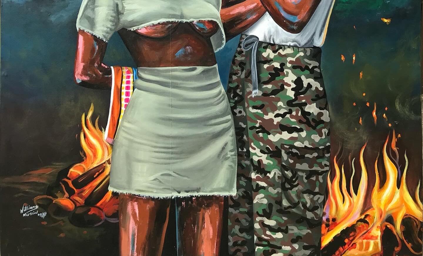 2 Maintenant 1 -21ème siècle, Contemporain, Figuratif, Paysage, Couple, Nature, Amour - Bleu Interior Painting par Merenini Williams